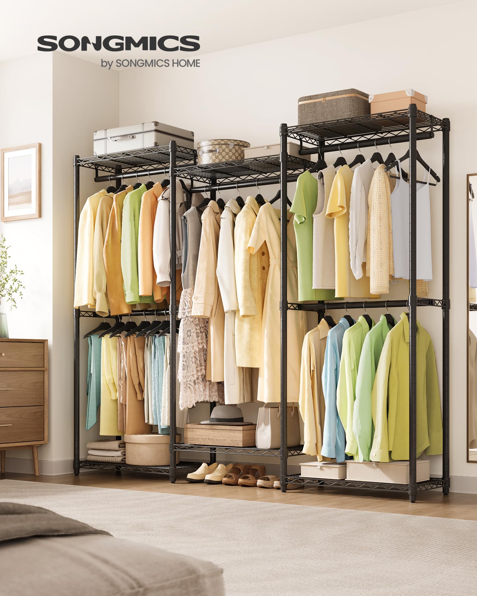 Songmics Portable Closet, Heavy-Duty Clothes Rack, Garment Rack, 68.7-Inch Wide Clothing Rack With Adjustable Mesh Shelves And H