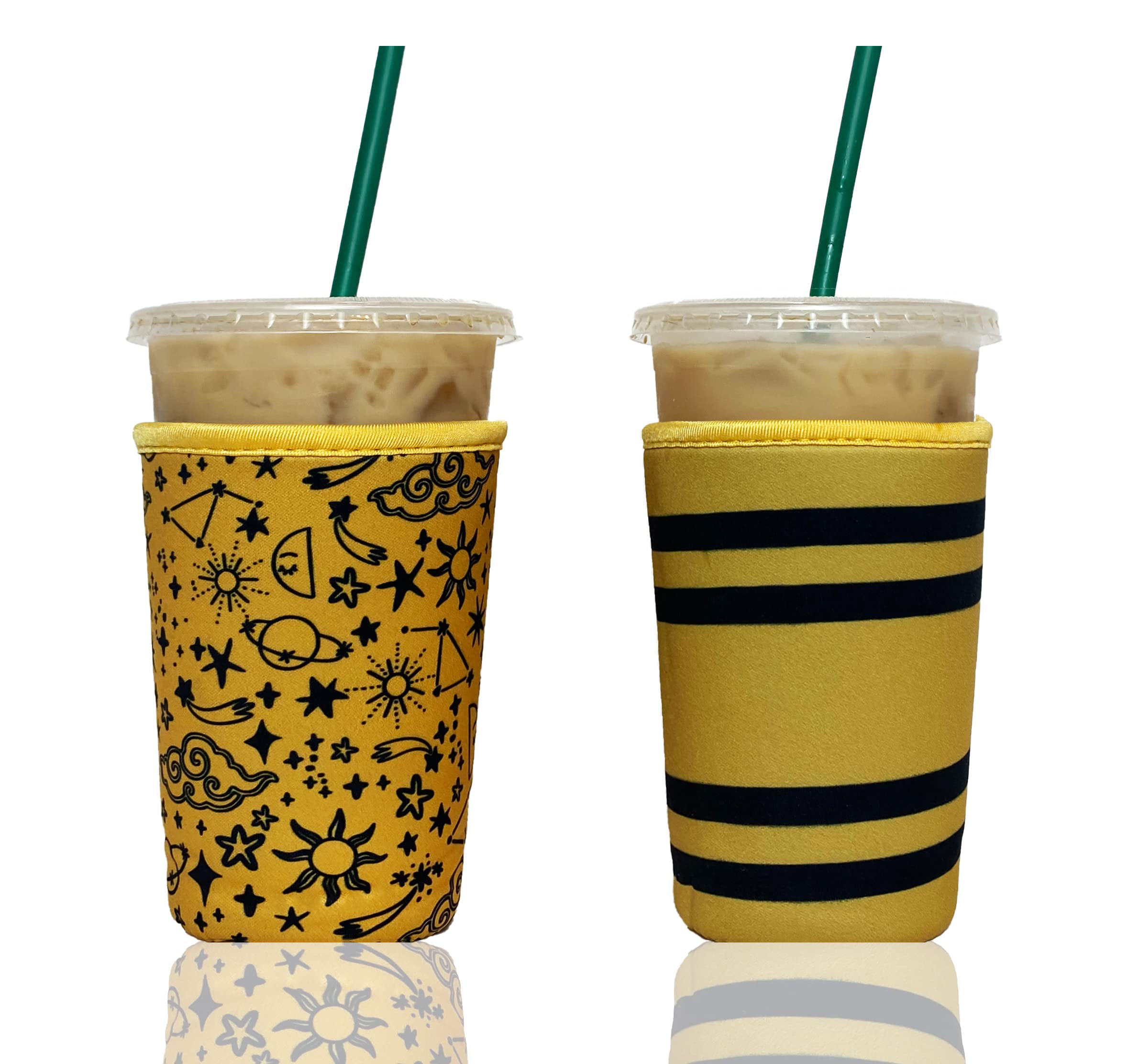 Baxendale And Co Reusable Neoprene Insulator Sleeves For Iced Coffee And Cold Drink Cups (2 Pk Medium 22-24Oz, Yellow Wanderlust