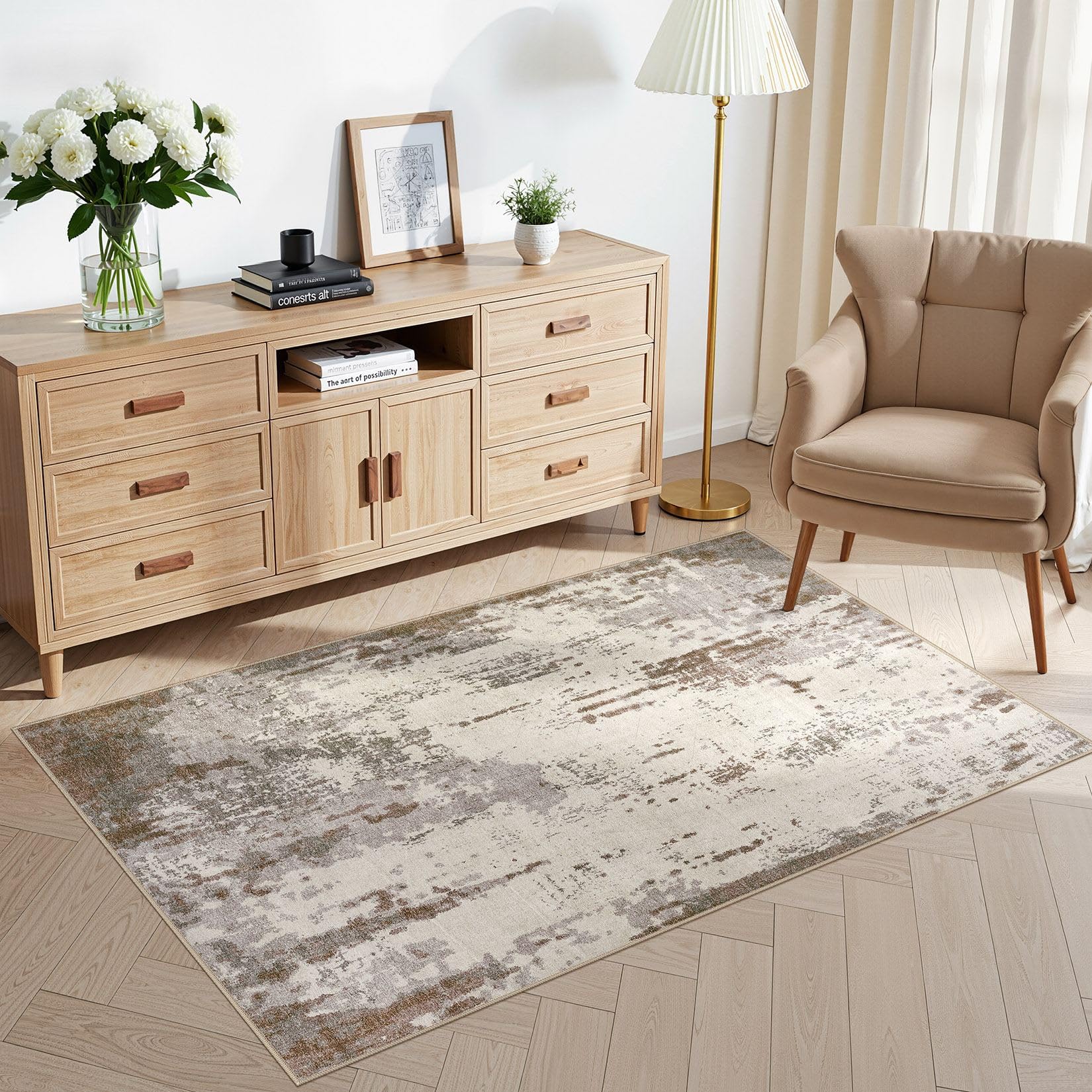 UERMEI 3x5 Area Rug Living Room Rugs - Washable Neutral Modern Abstract Soft Thin Rug Indoor Floor No Slip Rug Carpet for Bedroo