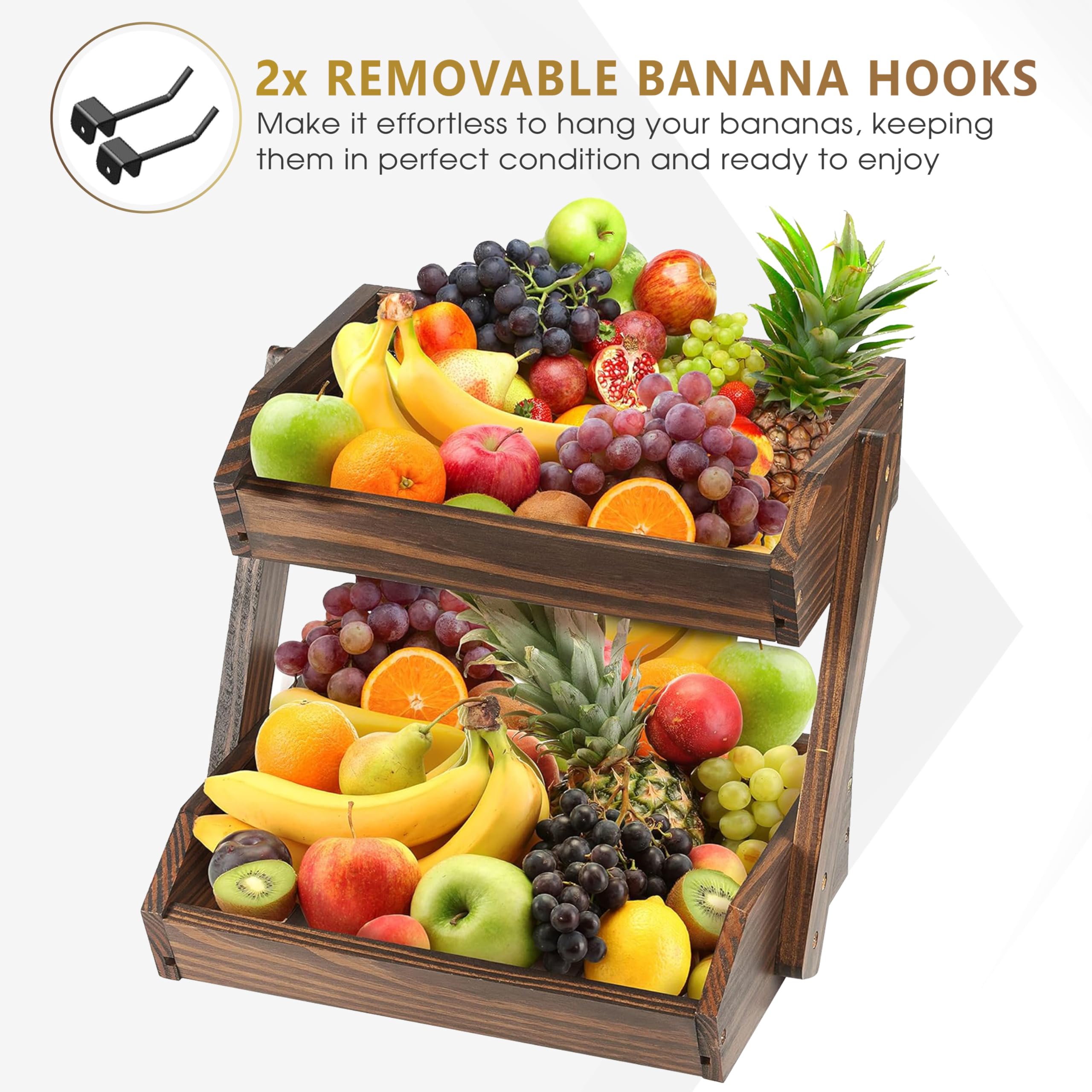 Nagawood Large Capacity 2-Tier Wooden Fruit Basket, Durable Acacia Wood, 10.5'' Tall, Spacious For Produce, Vegetables, Bread St