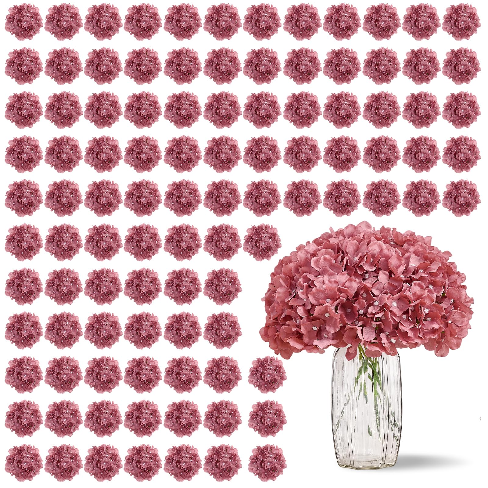 KISLOHUM 100 PCS DustyRose Hydrangea Artificial Flowers, Silk Full Flowers Heads with Stems for Wedding Centerpieces, Home, Gard