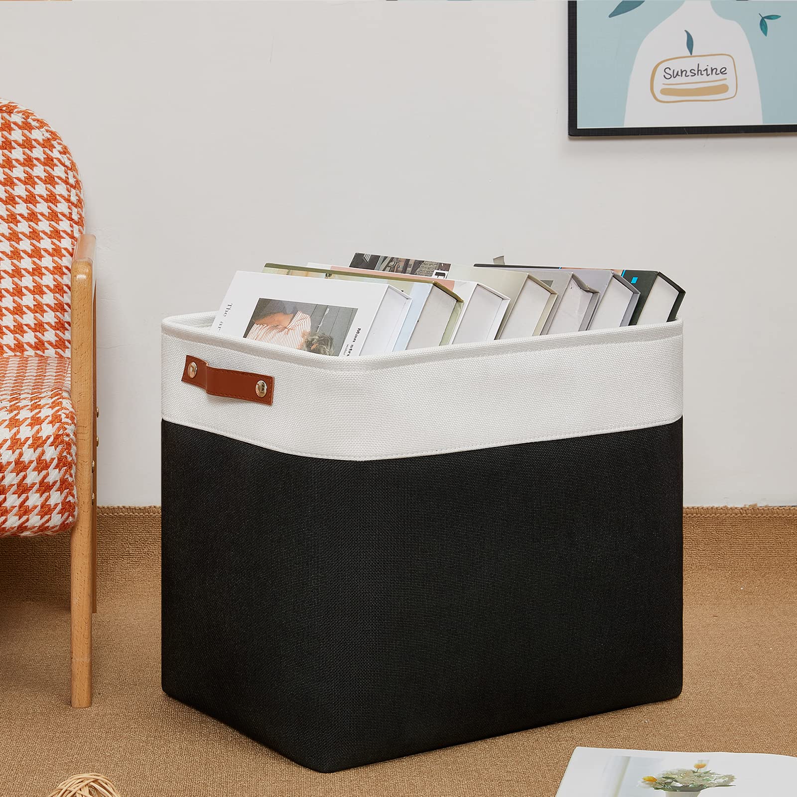 Dullemelo Large Fabric Basket For Organizing, 17 ''X12 ''X15 '' Storage Basket With Leather Handles, Collapsible Storage Bin For