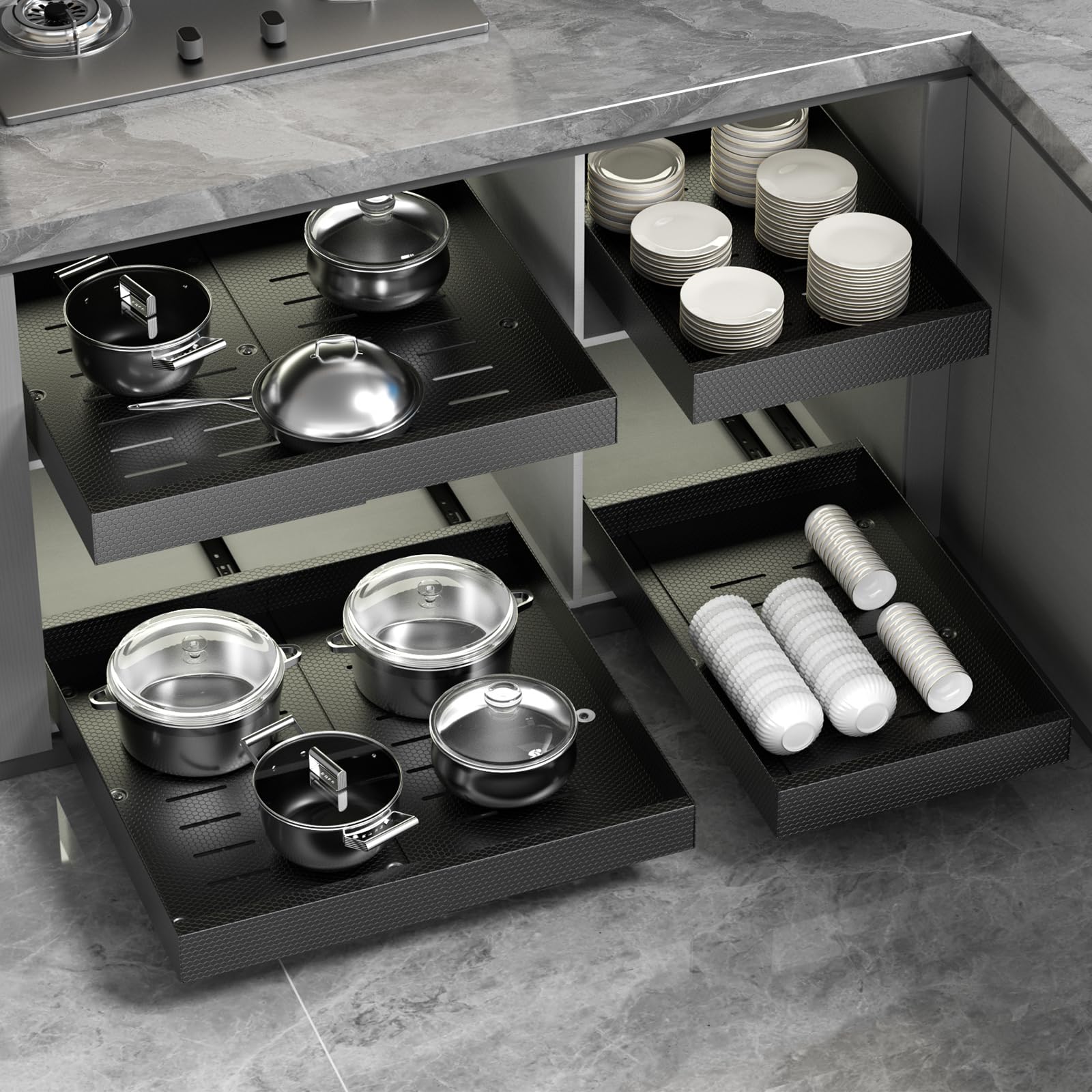 FLEKSO 4Pack Pull Out Cabinet Organizer, Expandable 12.620.47 Black