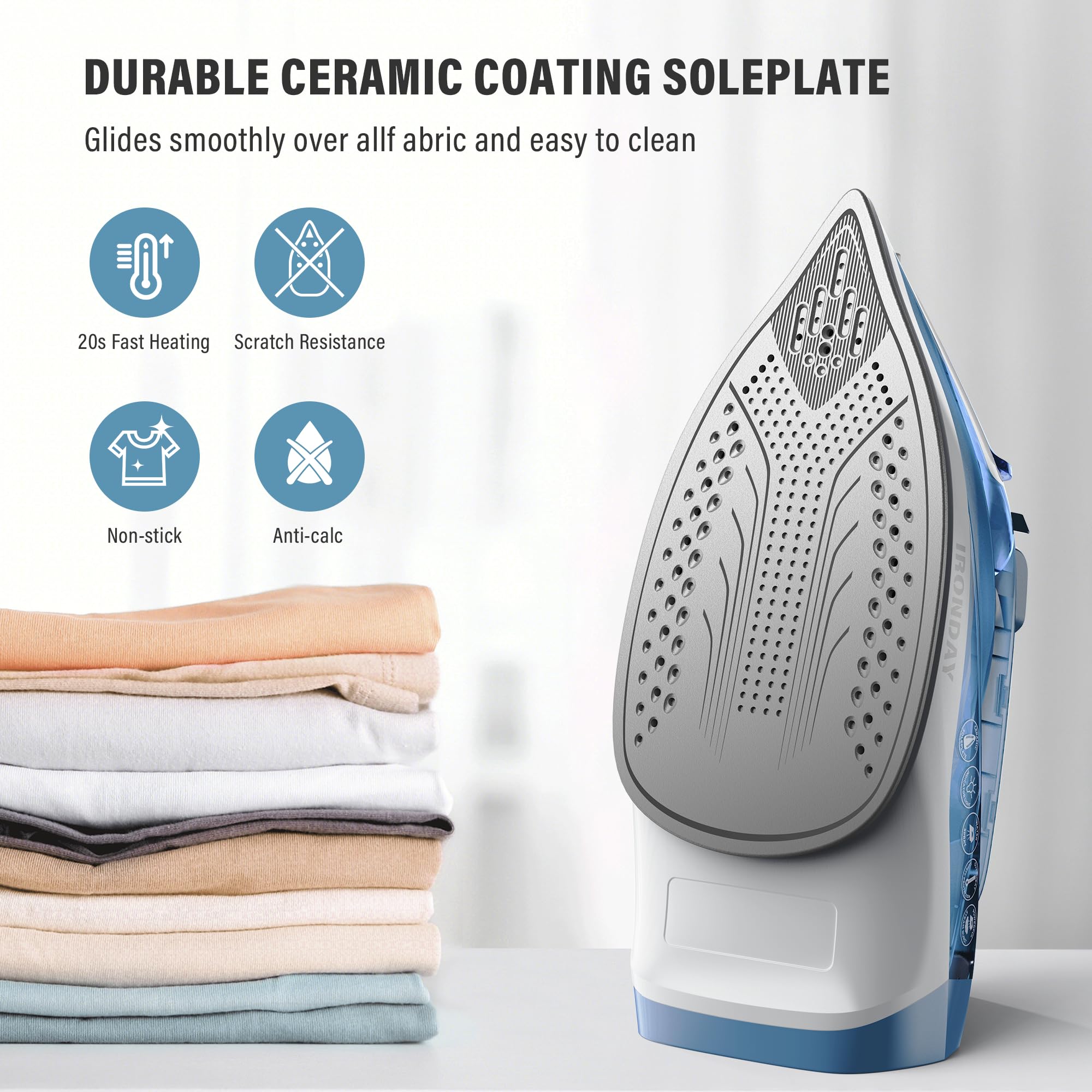 1200W Steam Iron For Clothes, Fast Heating, Iron With Ceramic Coating Soleplate, Adjustable Thermostat Dial, Self-Cleaning, Spra
