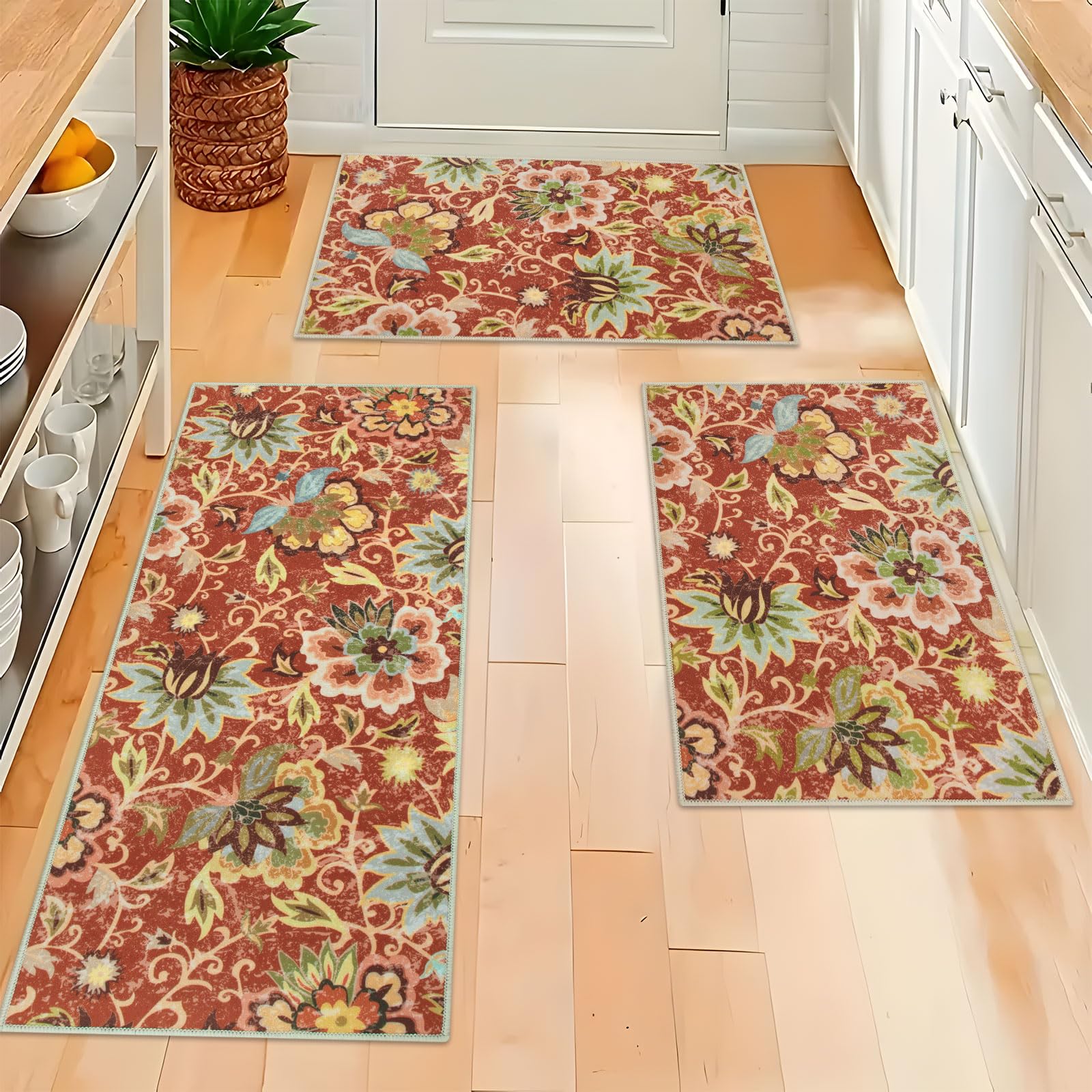 Homcomoda Kitchen Mats 3 Piece Set Boho Kitchen Rugs and Mats Non Slip Washable Floral Kitchen Floor Mats Set of 3 Kitdhen Runne
