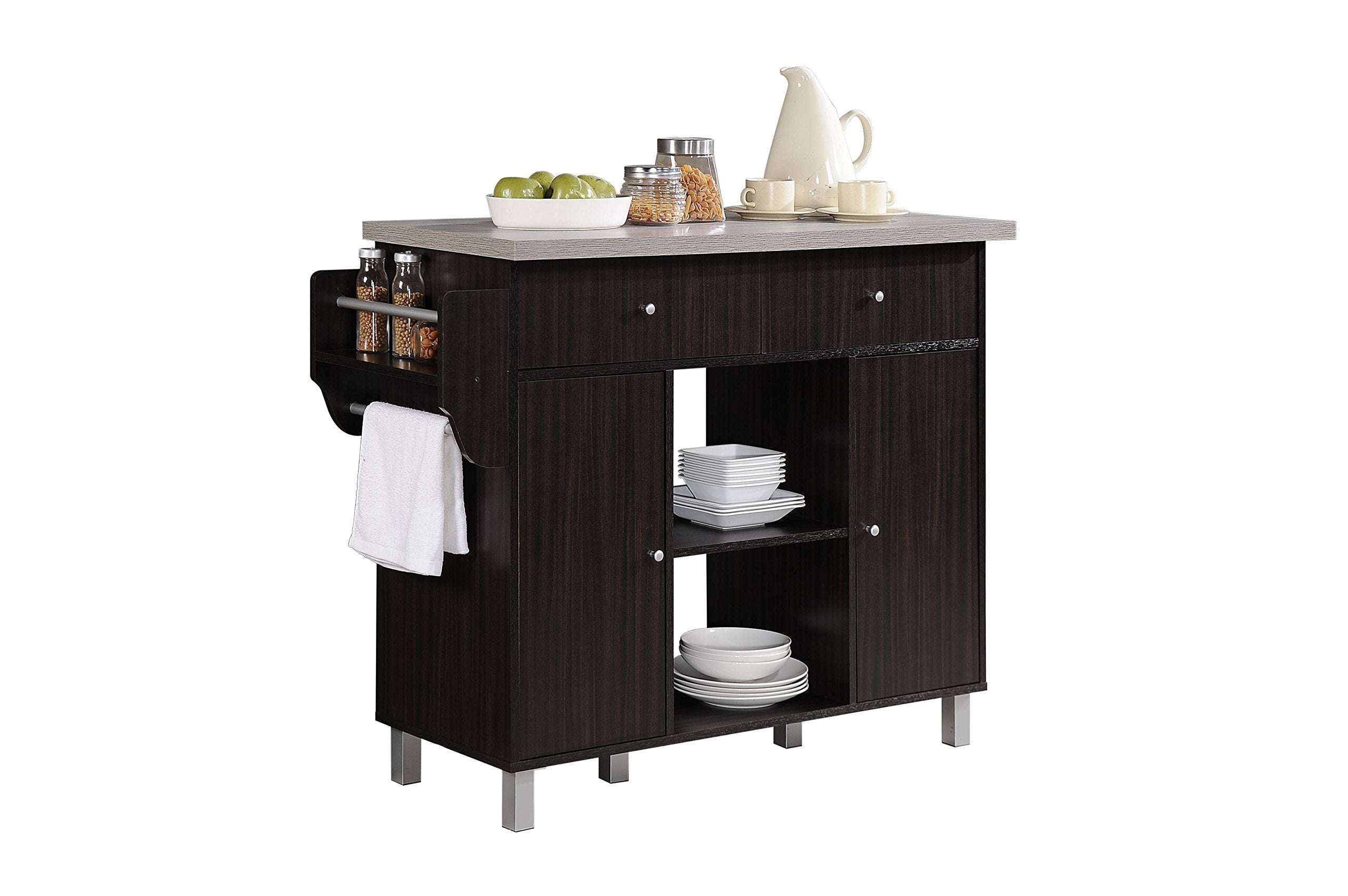 Hodedah Kitchen Island with Spice Rack plus Towel Holder in Chocolate-Grey