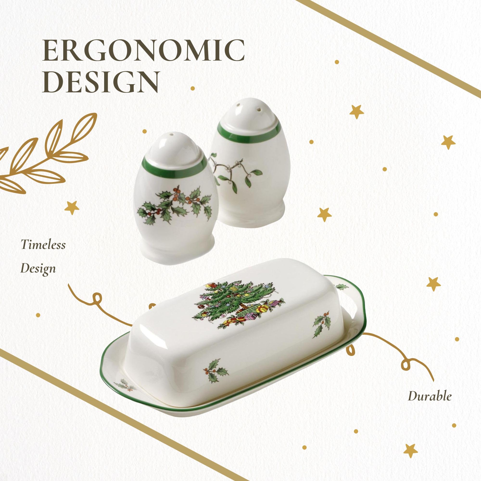 Spode Christmas Tree Hostess Set - 3-Piece Butter Dish, Salt & Pepper Shakers - 7.5" L, Multicolor, Model 1359477, Dishwasher Safe