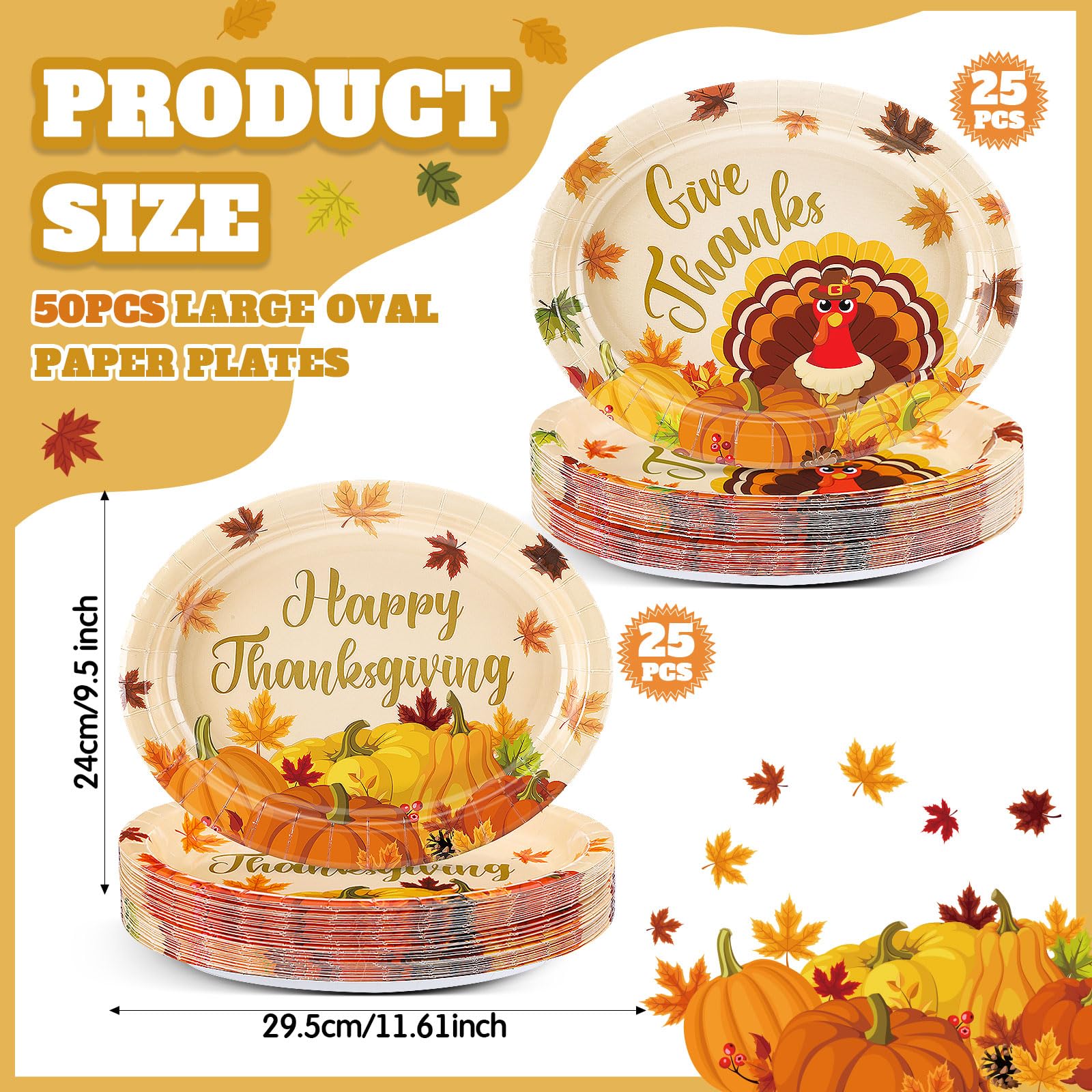 Pajean 50 Pcs Thanksgiving Paper Plates Bulk Fall Oval Dinner Plates 9 x 11 Large Autumn Leaves Pumpkin Turkey Disposable Tablew