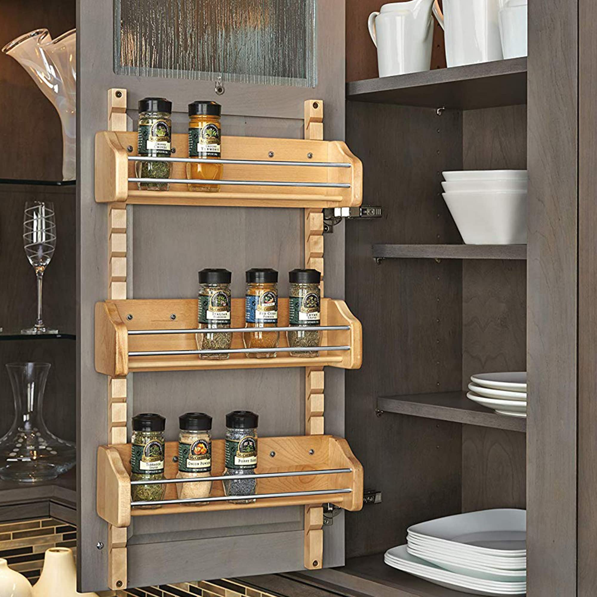 Rev-A-Shelf Pullout Wall Storage Organizer For Kitchen Cabinets, Sliding Door Mounted Spice Rack With 3 Adjustable Shelves, Mapl