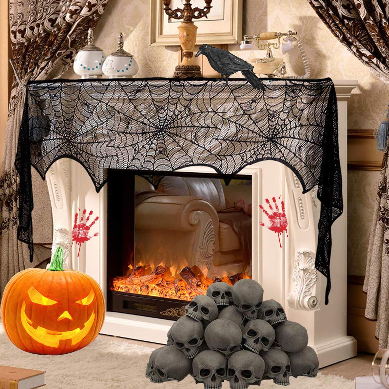 Sunnyglade Halloween 18''X96'' Lace Spiderweb Fireplace Mantle Cover Fireplace Scarf & 54''X72'' Rectangular Black Spider Web La