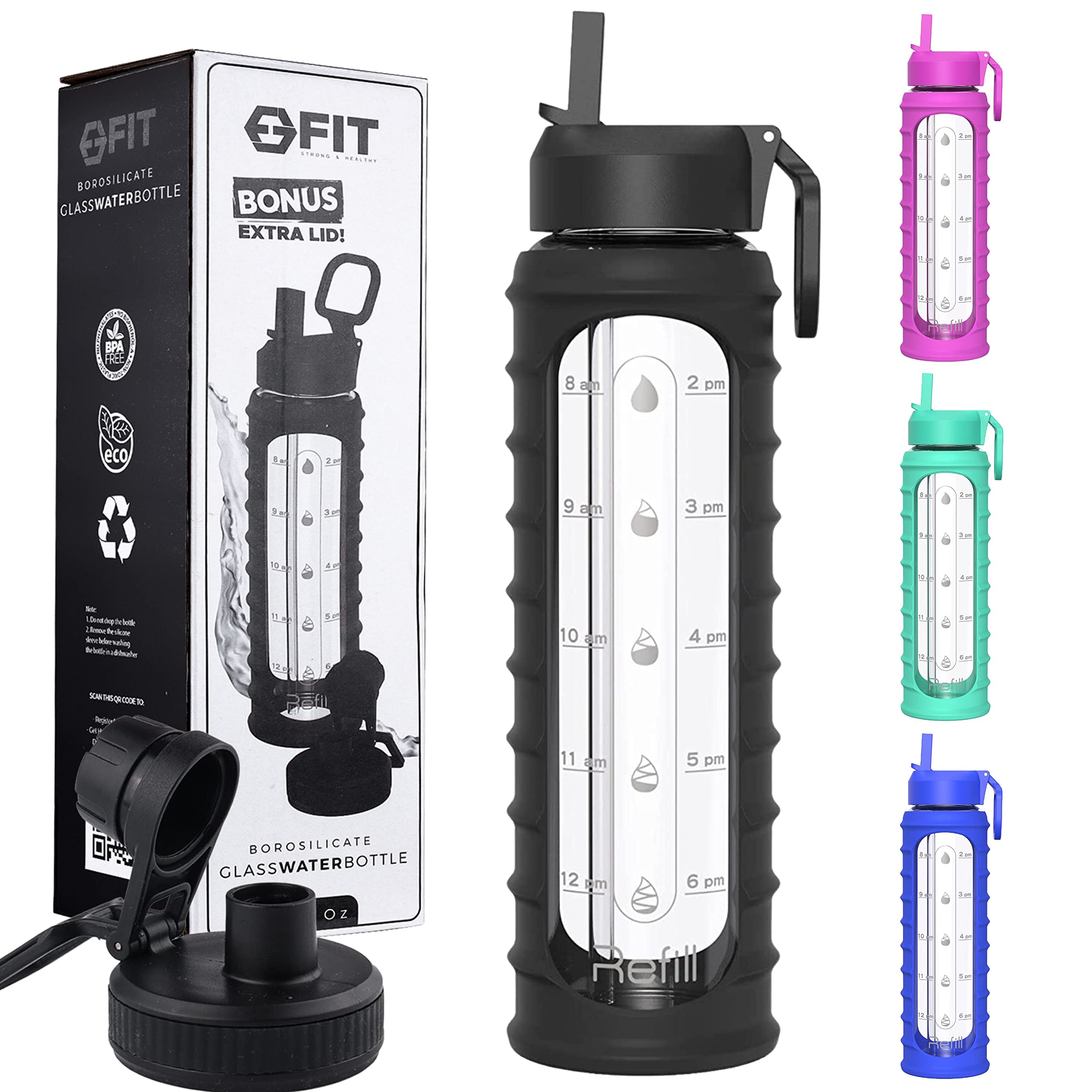 32 Oz Glass Water Bottle With Straw Lid, Time Marker, Sleeve & Extra Lid - Motivational, Wide Mouth, Large Bpa-Free 1 Liter Glas