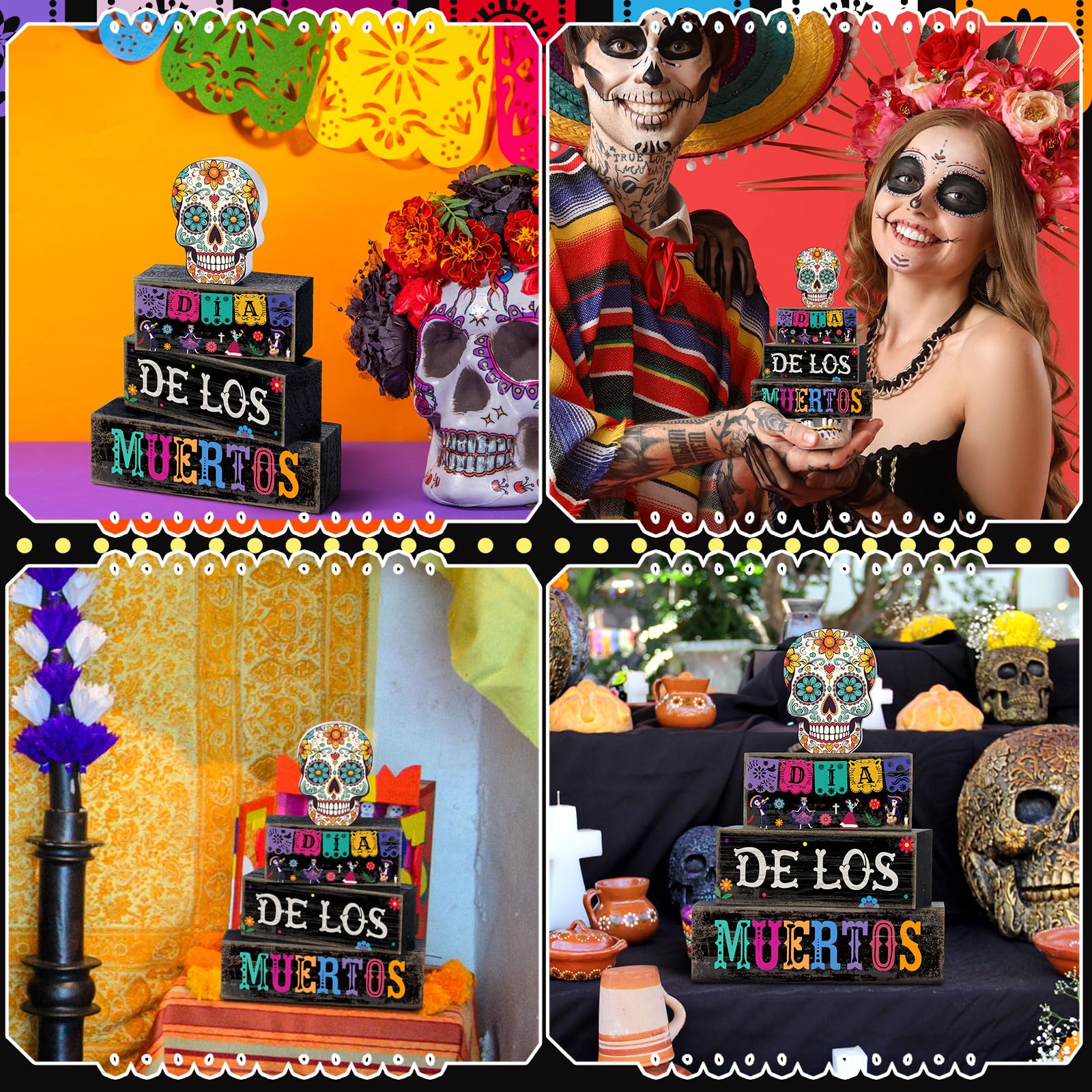 Lineshading 4 Pcs Day of The Dead Table Decorations Day of The Dead Centerpiece for Table Dia De Los Muertos Tiered Tray Decor W