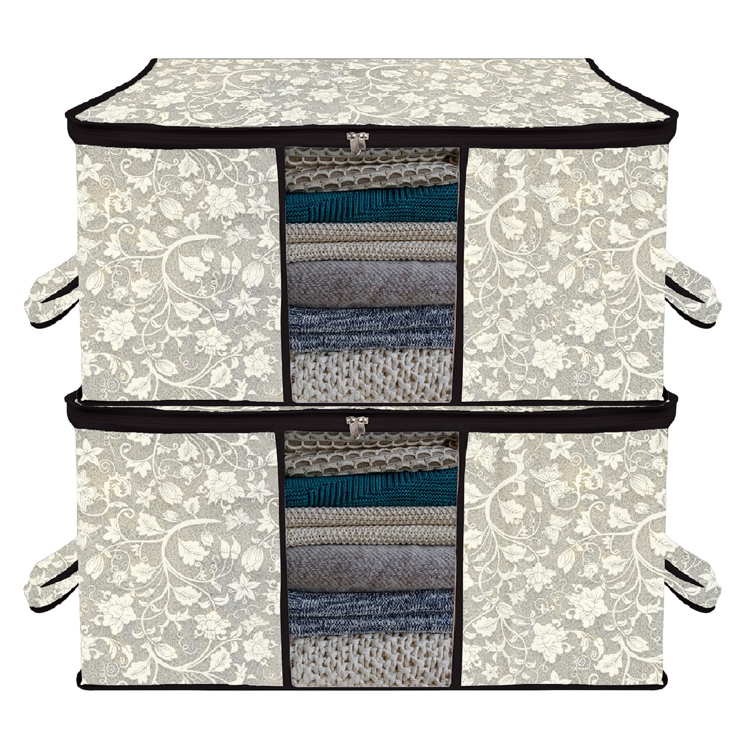 Kuber Industries Underbed Storage Bag | FlowerDesign Blanket Cover With Clear Window | Zipper Closure & Handle Cloth Organizer 