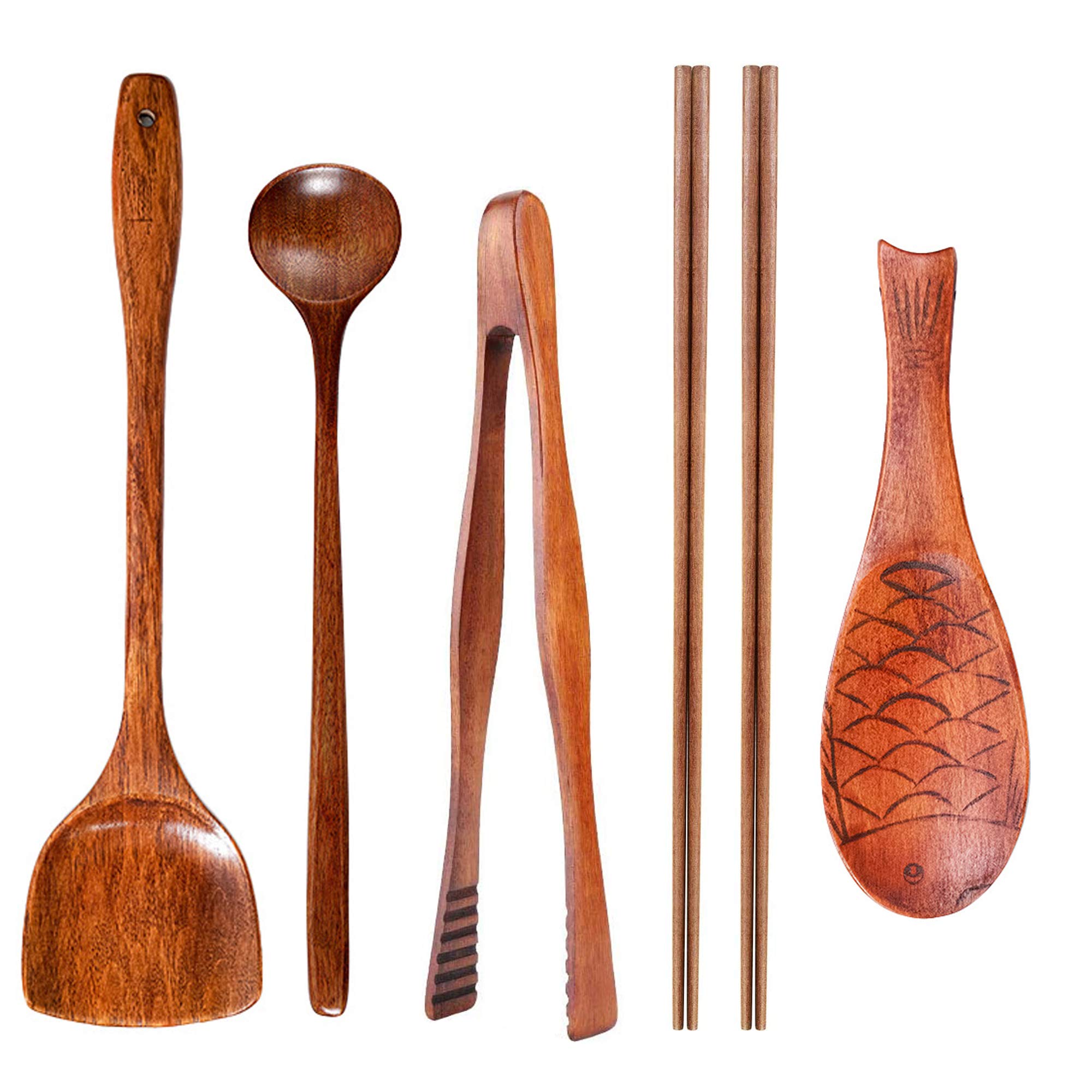Fjnatinh Wok Utensils Wooden Cooking Utensils Tools 6 Pcs Wooden Spatula, Barbecue Tongs,Wok Shovel, Cooking Chopsticks,Long Spo