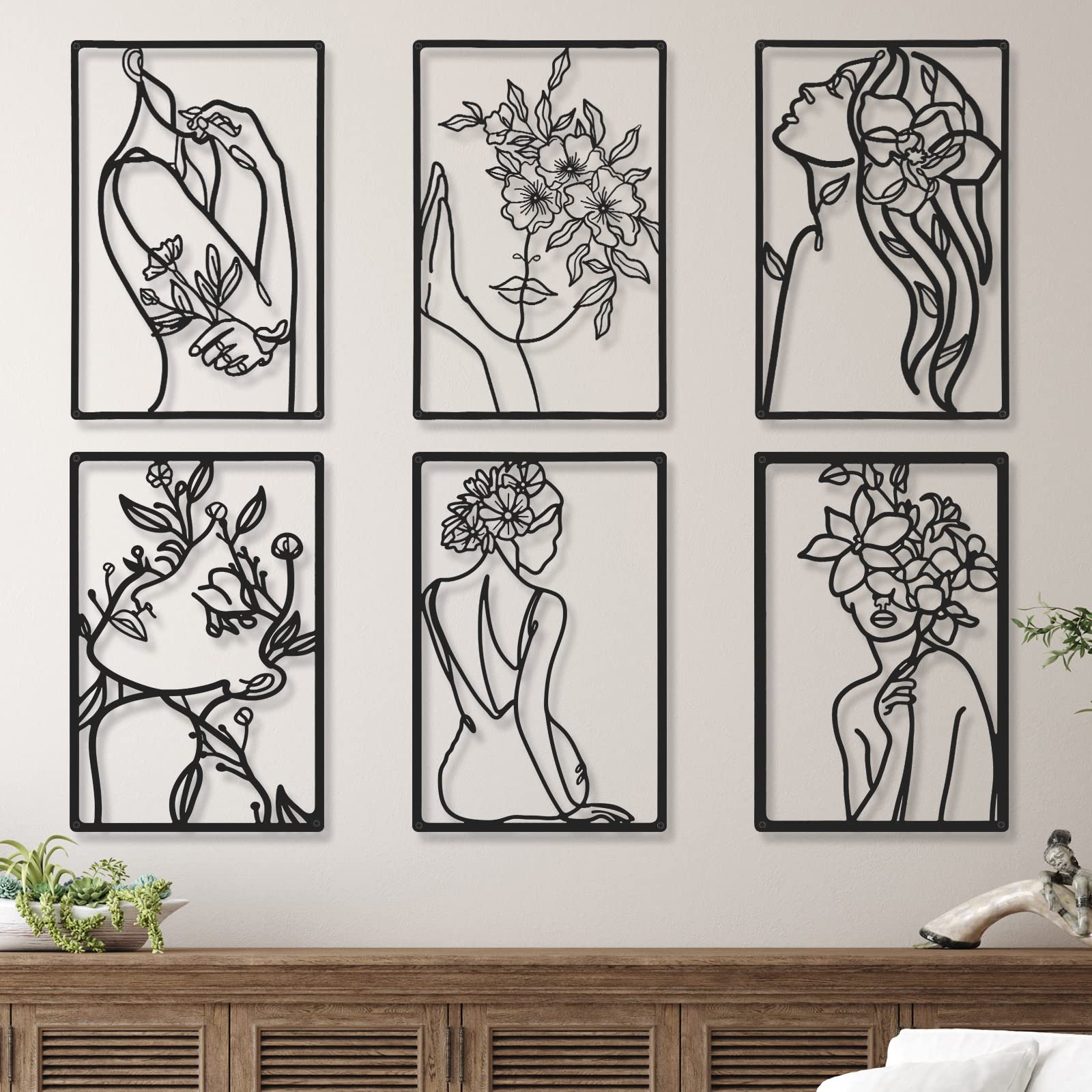 6 Pieces Black Metal Wall Decor Modern Minimalist Abstract Woman Wall Art Aesthetic Female Wall Sculpture Line Drawing Hanging A