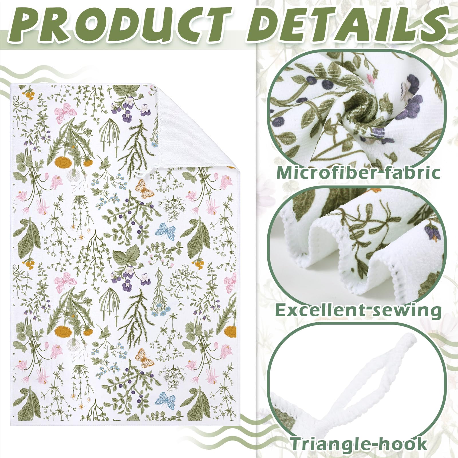 Bencailor 4 Pcs Wild Flower Kitchen Towels Wildflower Floral Hand Dish Towels White Green Leaves Dishcloths Fast Drying Decorati