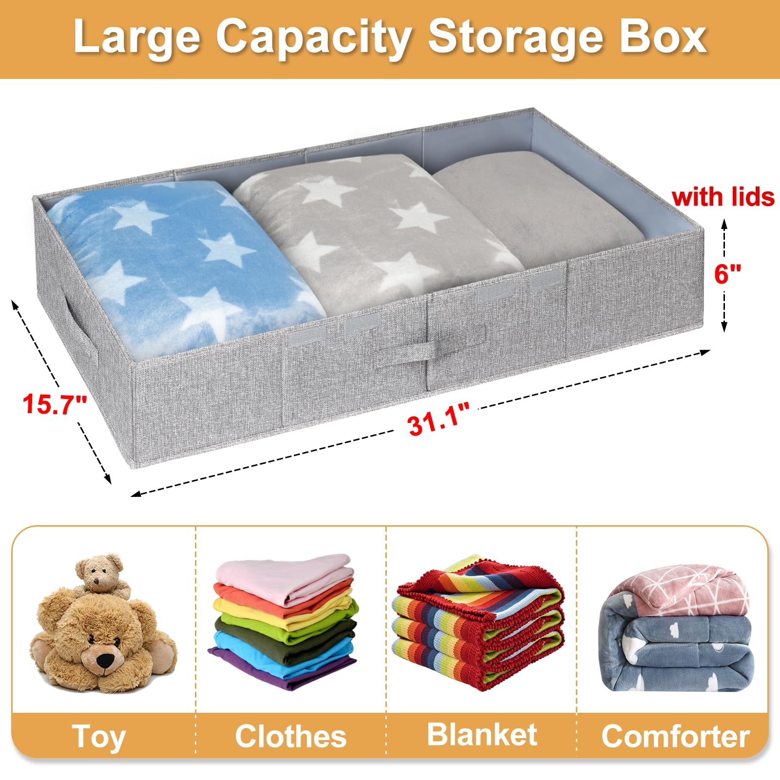 punemi Under Bed Storage Containers, 3 Pcs Large Blanket Clothes Storage Bag, Long Flat Firm Sides Underbed Organization And Sto