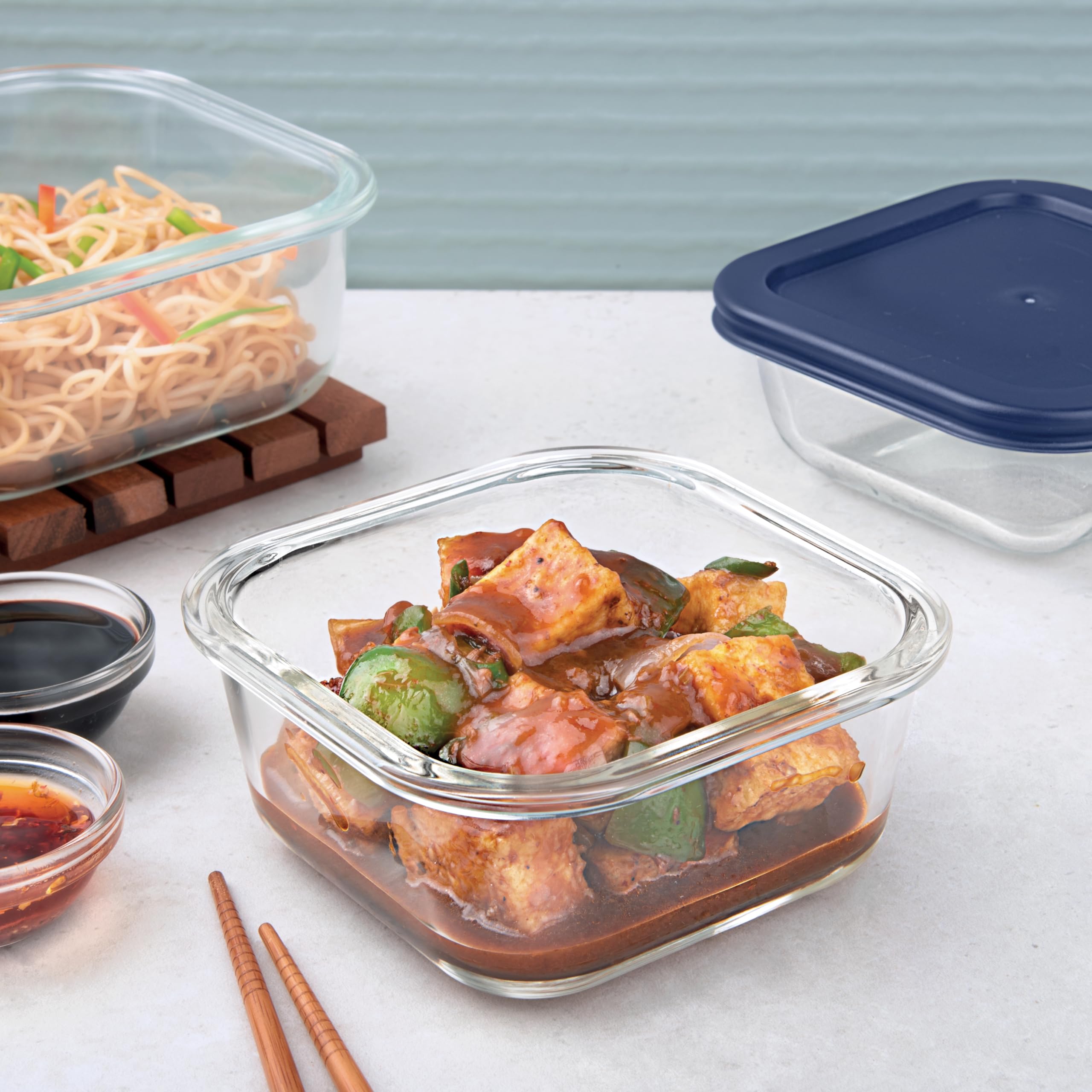 La Opala Cook Serve Store 100% Borosilicate Glass Storage Container | Simply Store With Silicon Lid | Square 450 Ml | Microwave 
