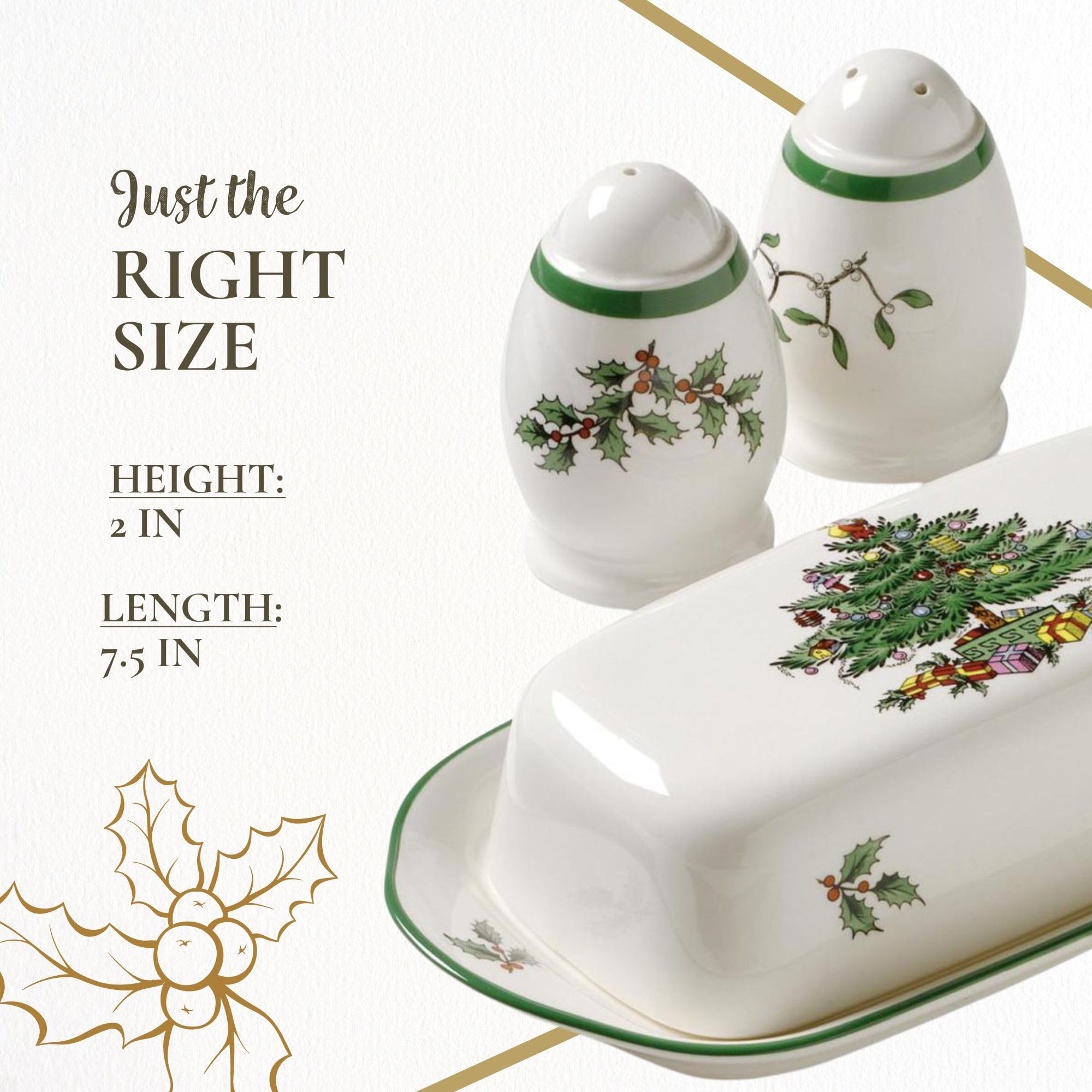 Spode Christmas Tree Hostess Set - 3-Piece Butter Dish, Salt & Pepper Shakers - 7.5" L, Multicolor, Model 1359477, Dishwasher Safe