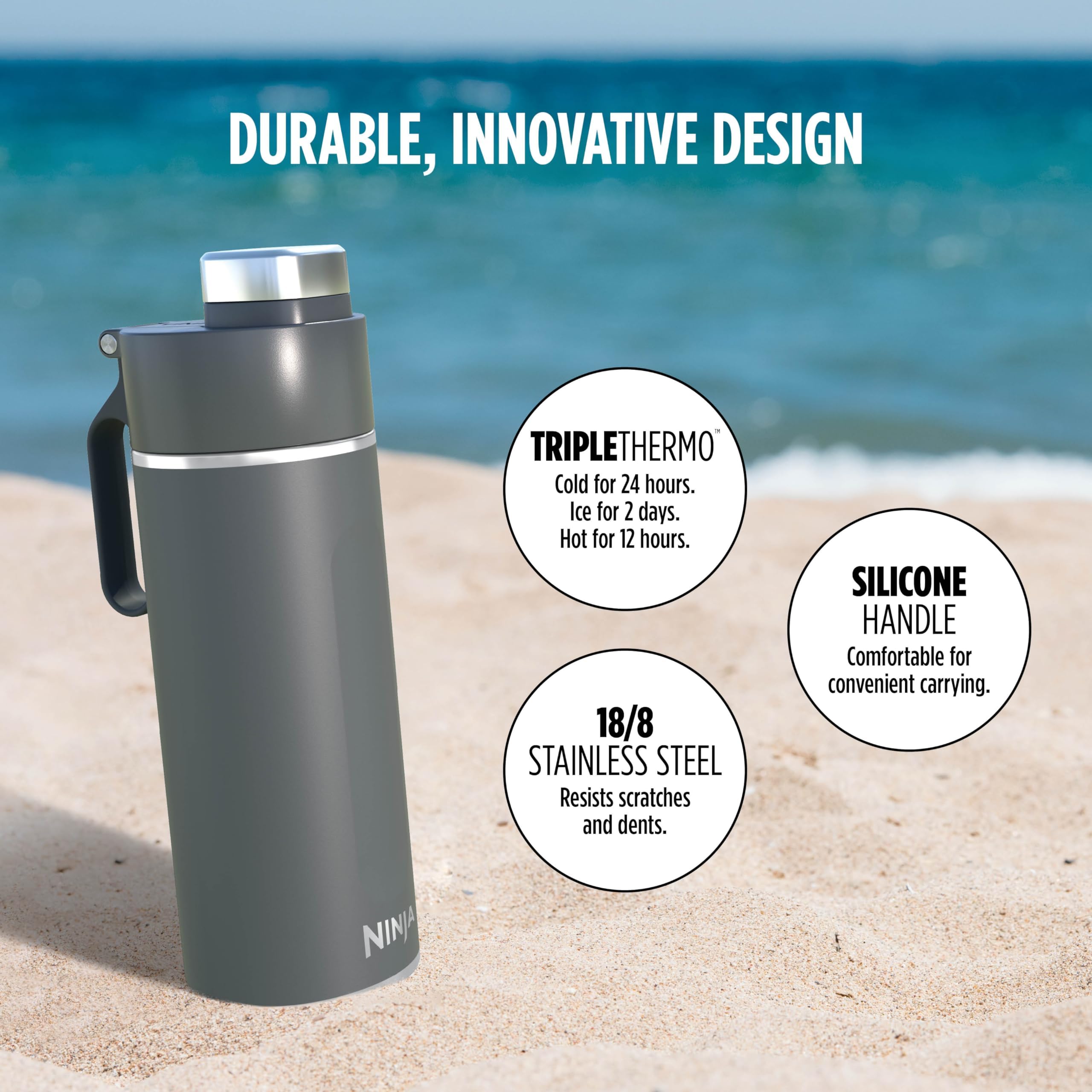 Ninja Dw2401Gy Thirsti 24Oz Travel Water Bottle, For Carbonated Sparkling Drinks, Colder And Fizzier Longer, Leak Proof, 24 Hrs