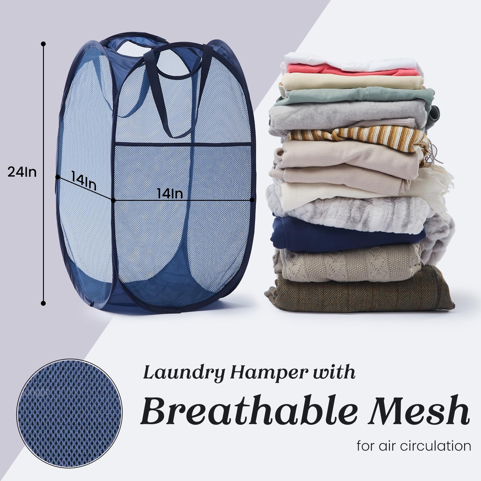 Collapsible Mesh Pop Up Laundry Hamper With Sturdy Handles And Side Pocket - Portable Foldable Clothes Baskets For Dorm, Laundry