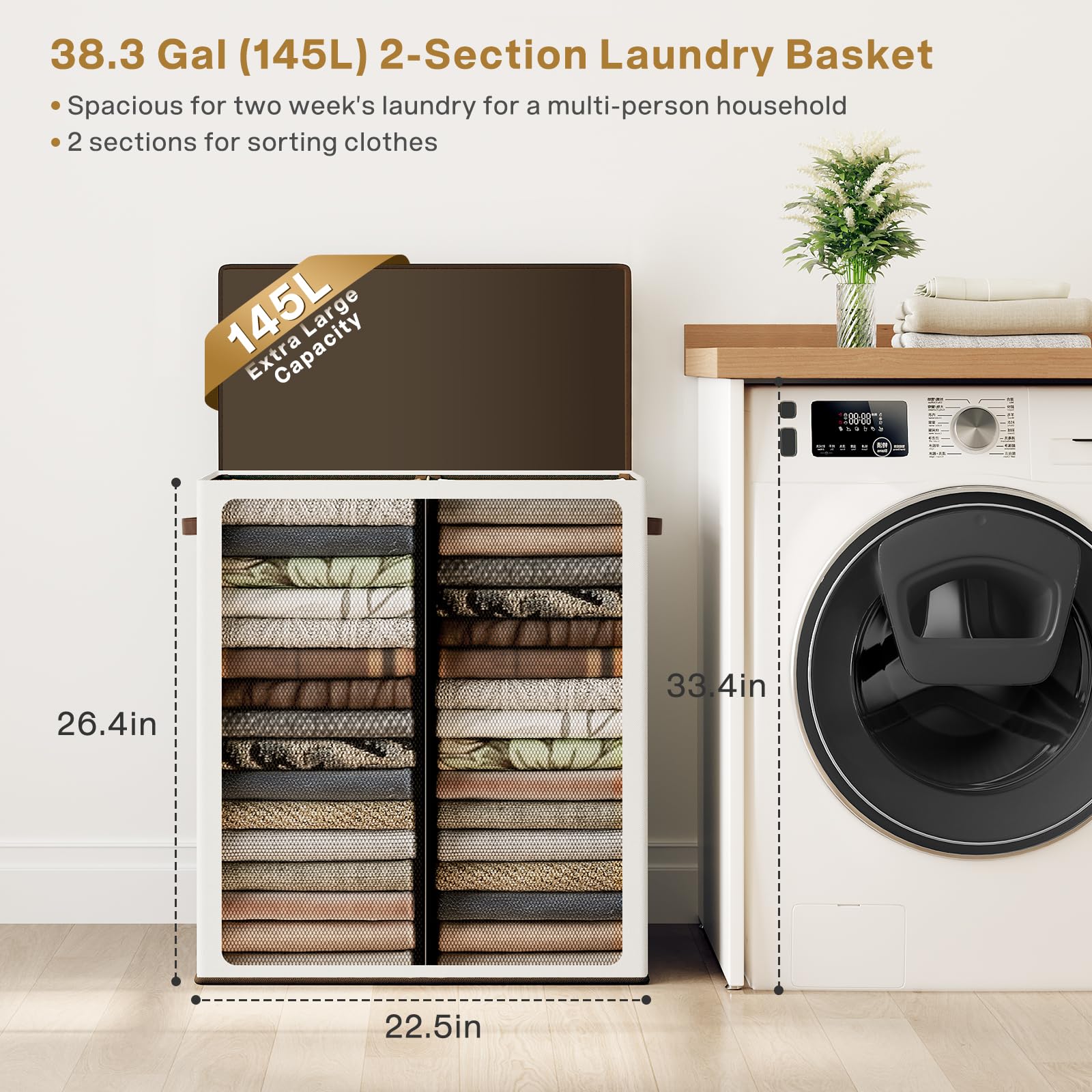 SOLEDI Double Laundry Hamper with Lid and Removable Laundry Bags  Large Hamper for Laundry  Laundry Basket 2 Sections  Collapsible Laundry Baskets for Bedroom  Laundry Room  Bathroom  Off-white