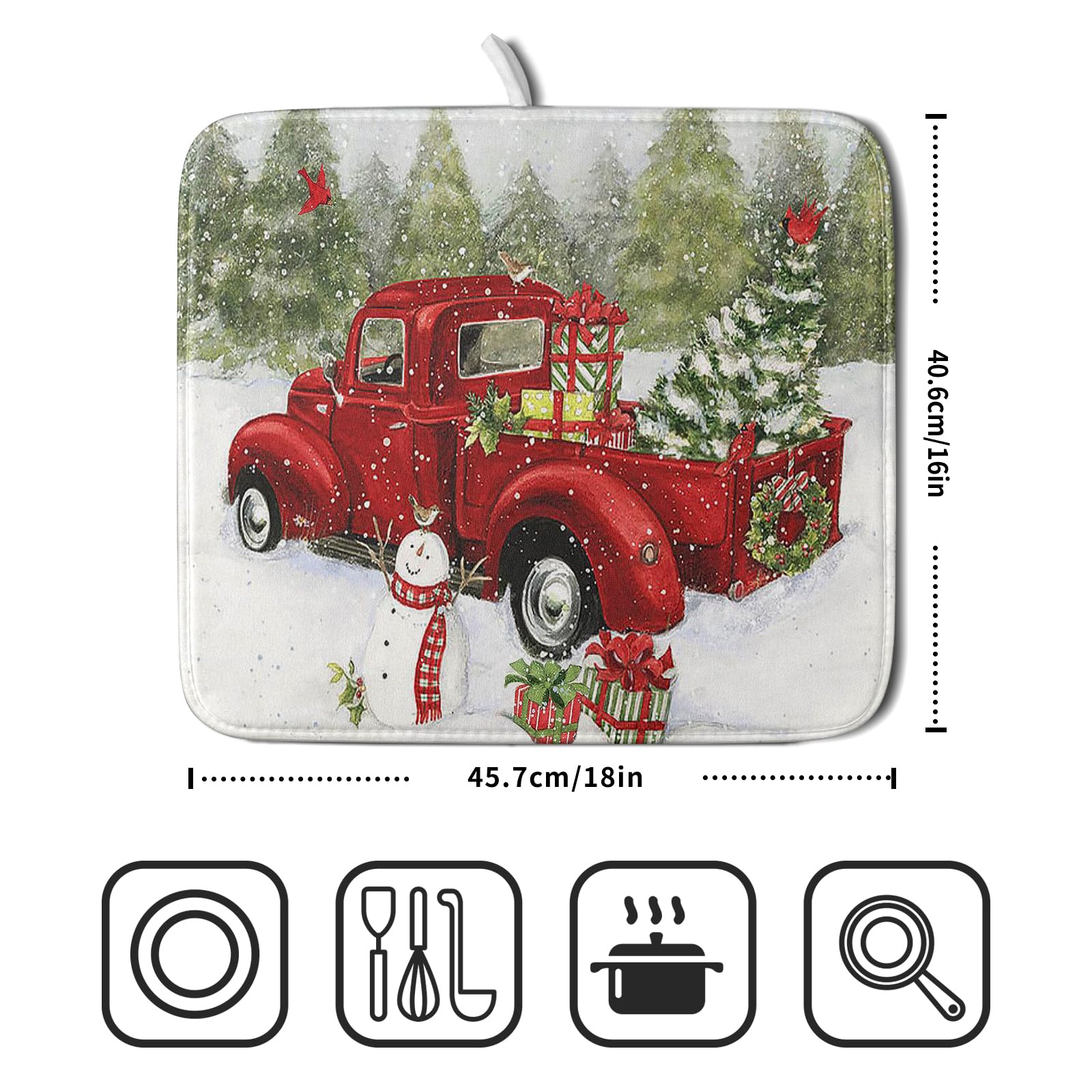 Red Truck Snowman Christmas Drying Mat For Kitchen Counter 16X18 Inch Winter Xmas Tree Mat Pad Red Bird Dishes Pad Dish Drainer