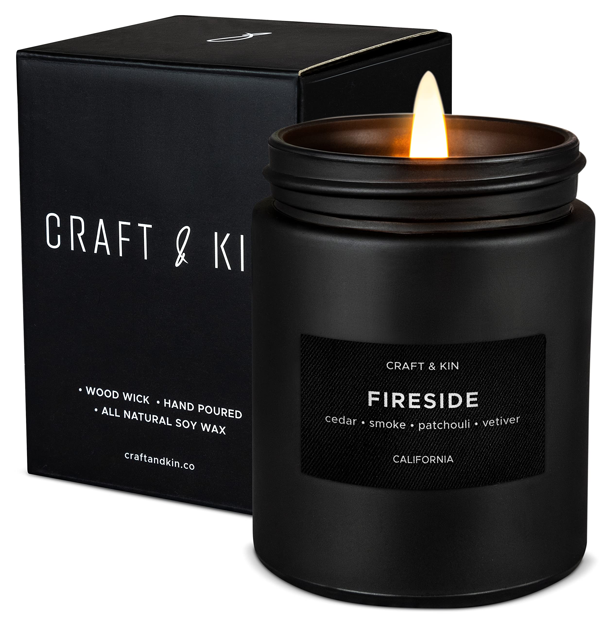Craft & Kin Smokey Fireside Candle | Scented Candle for Men | Soy Candles | Masculine Candle | Wood Wicked Candles | Aromatherap