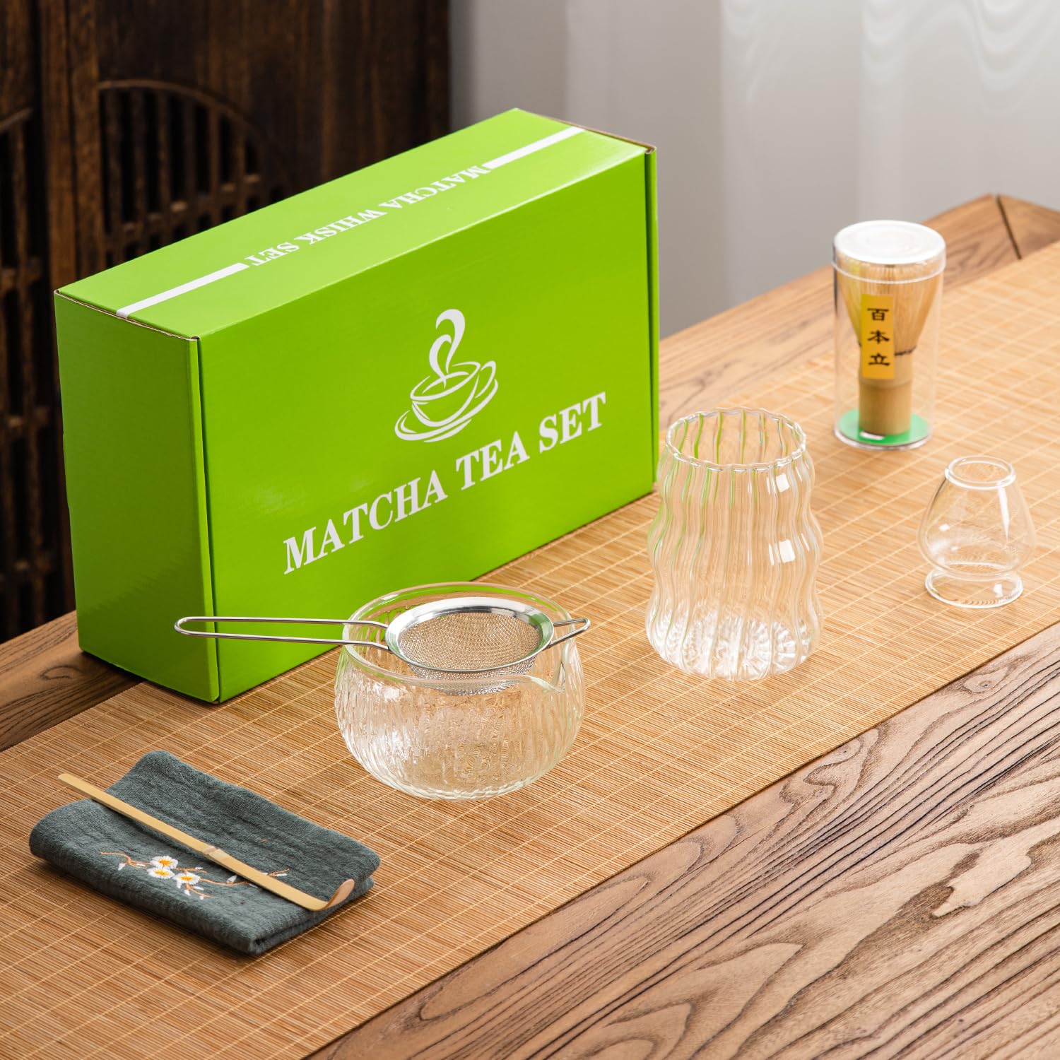 Dwehixbuy 7Pcs Japanese Matcha Tea Set, Matcha Kit With Matcha Bowl (With Pouring Spout), Matcha Whisk, Whisk Holder, Strainer -