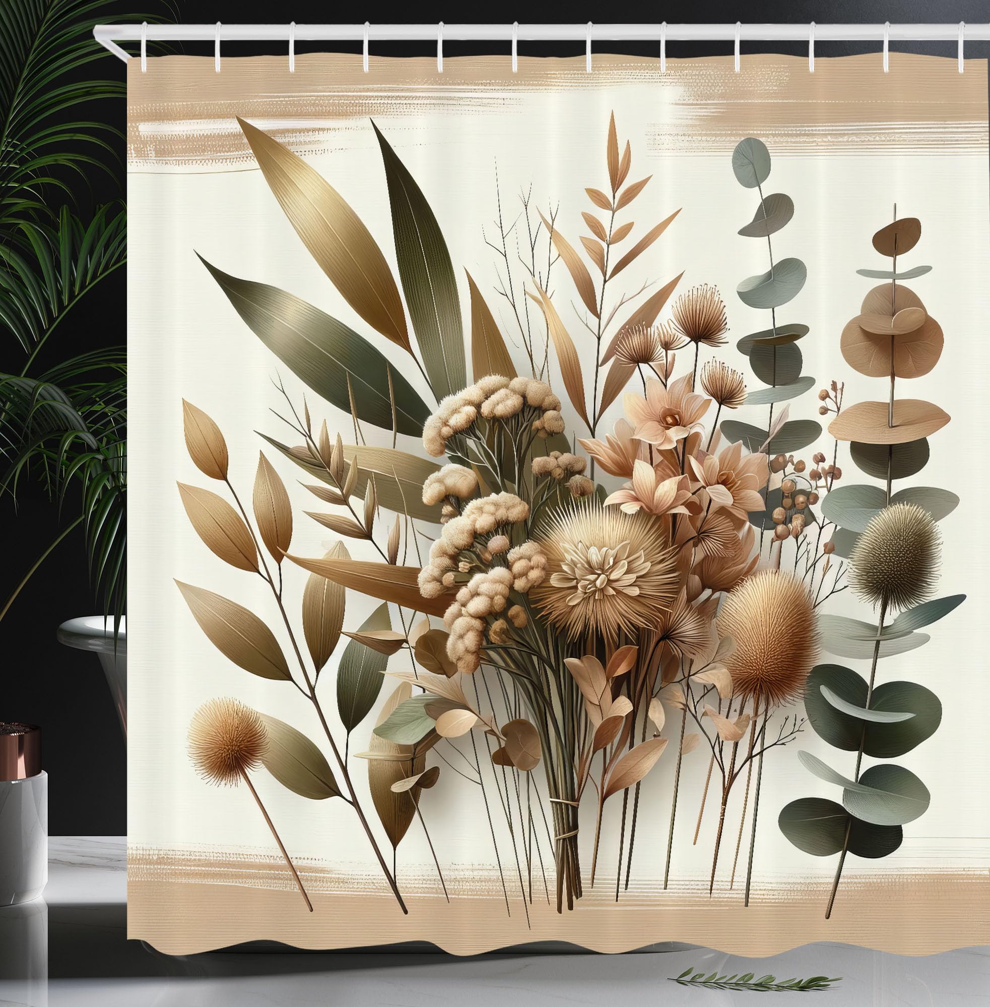 Ambesonne Tan Shower Curtain, Vintage Boho Vibes Ombre Tones Botanical Elements Eucalyptus Leaves, Cloth Fabric Bathroom Decor S