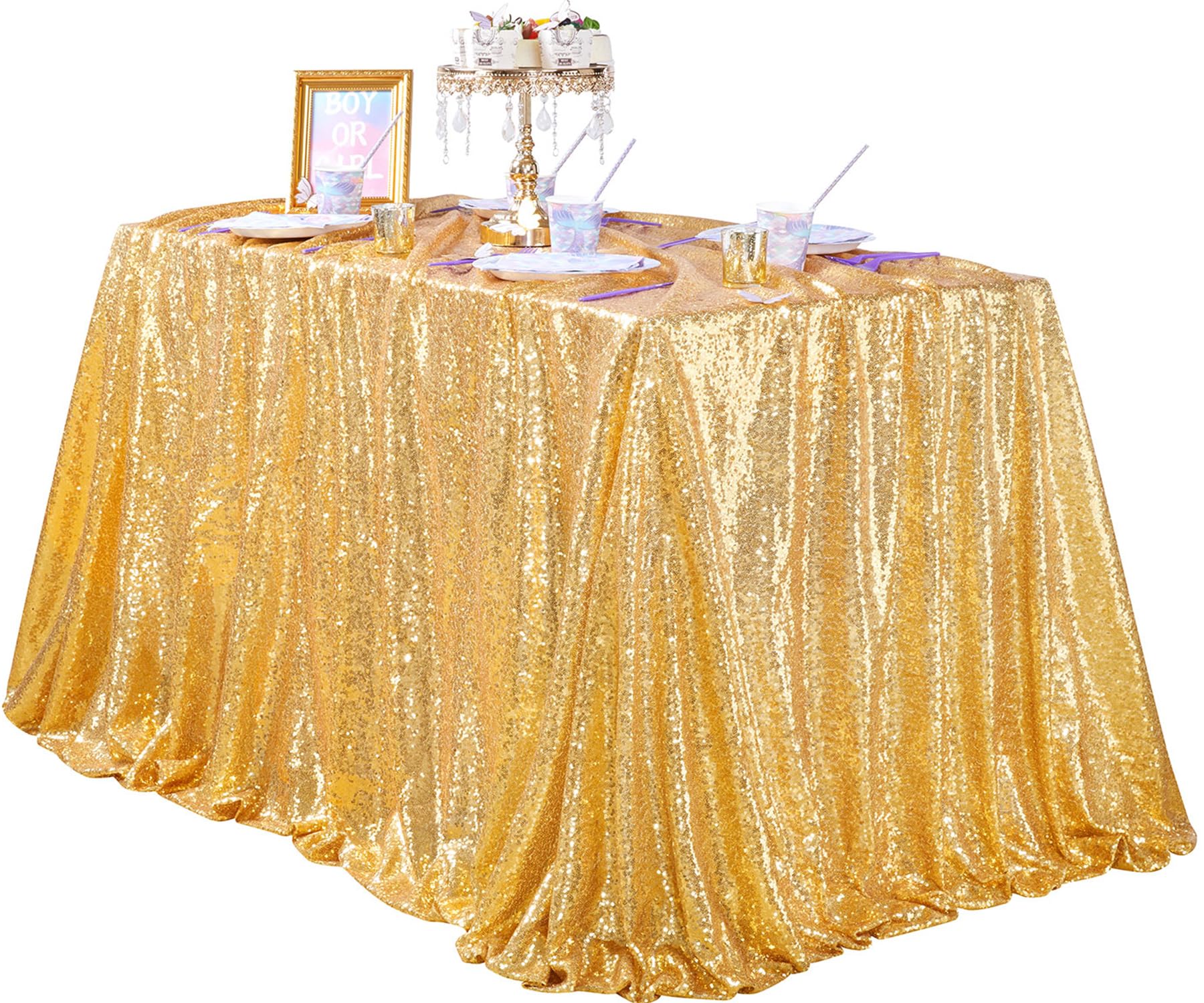 Queendream Gold Table Cloth Party Decorations: Sequin Fabric 90X90 Inch Sparkle Tablecloths - Gold Drapes Wedding Overlay