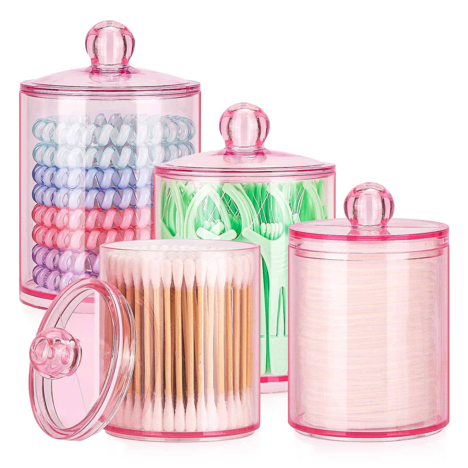 Tbestmax 12 Oz, 10 Oz Qtip Holder - 4 Pack Restroom Bathroom Organizers And Storage Containers, Pink Plastic Apothecary Jars Wit