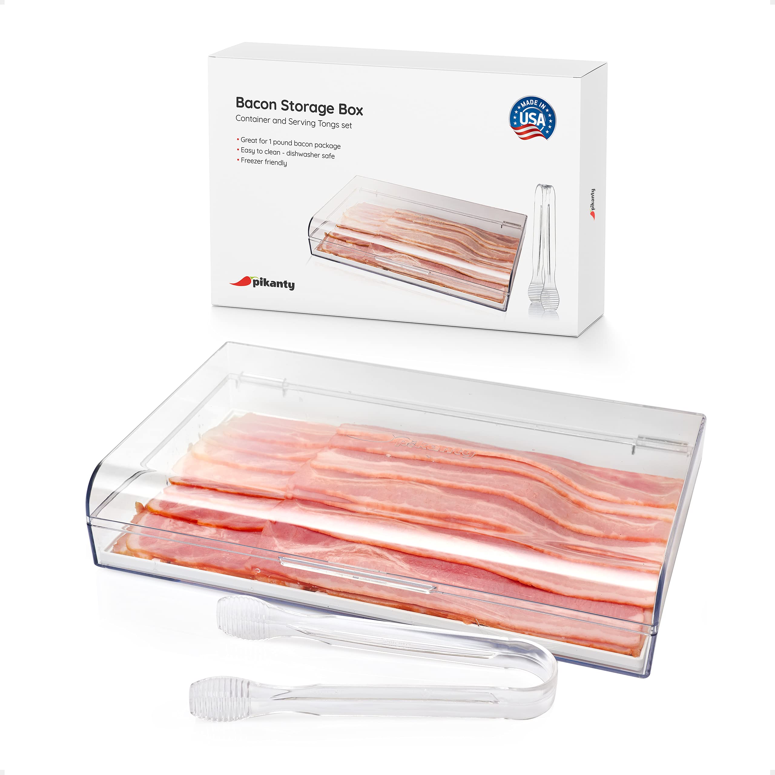 Pikanty - Bacon Container For Refrigerator | Fridge Storage And Deli Meat Keeper With Food Serving Tongs And Drain Plate | Dishw