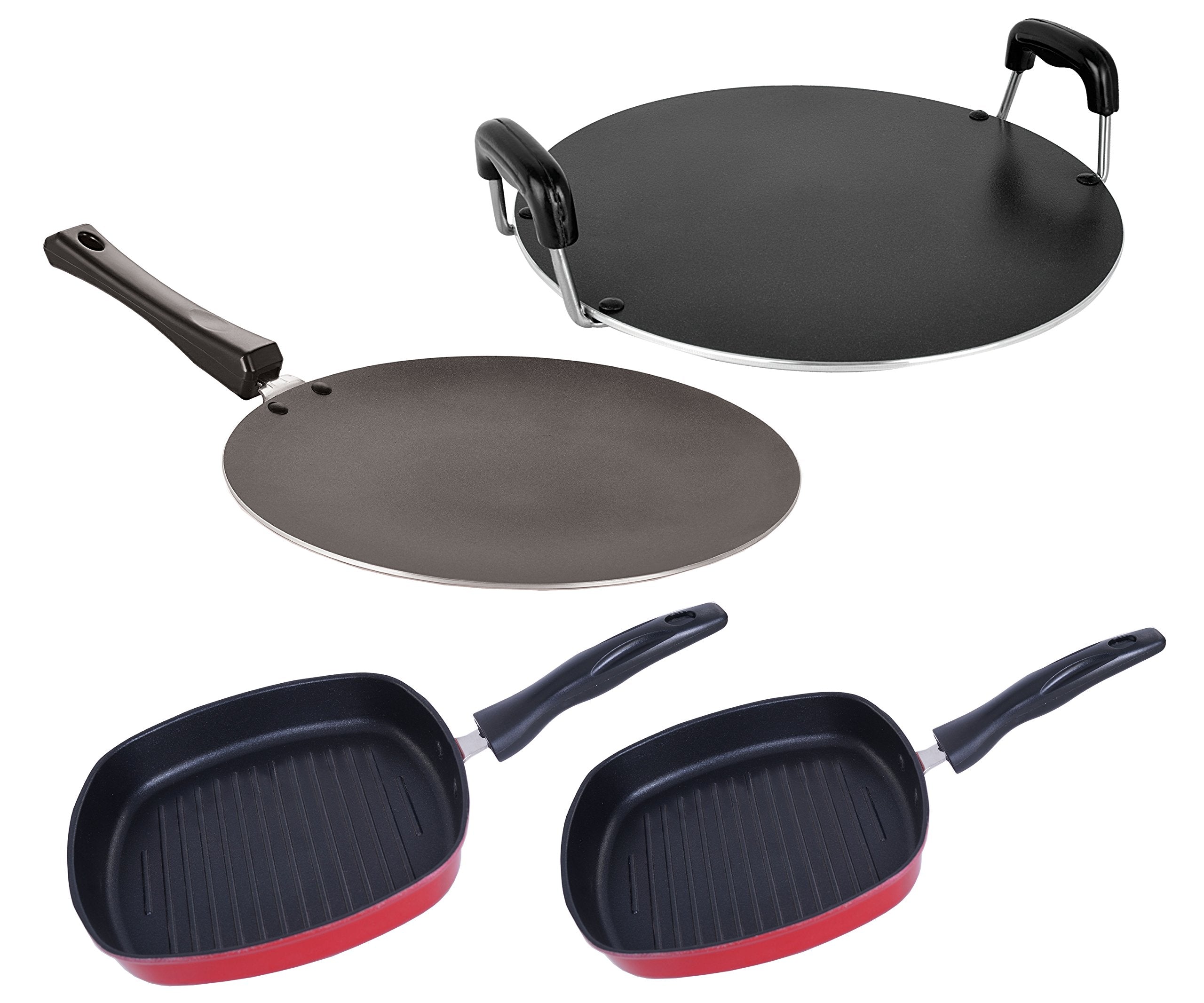 Nirlon NonStick Aluminum Cookware Set, 4Piece, Red And Black (Ct11_Gp22.5_Gp24_Rt)