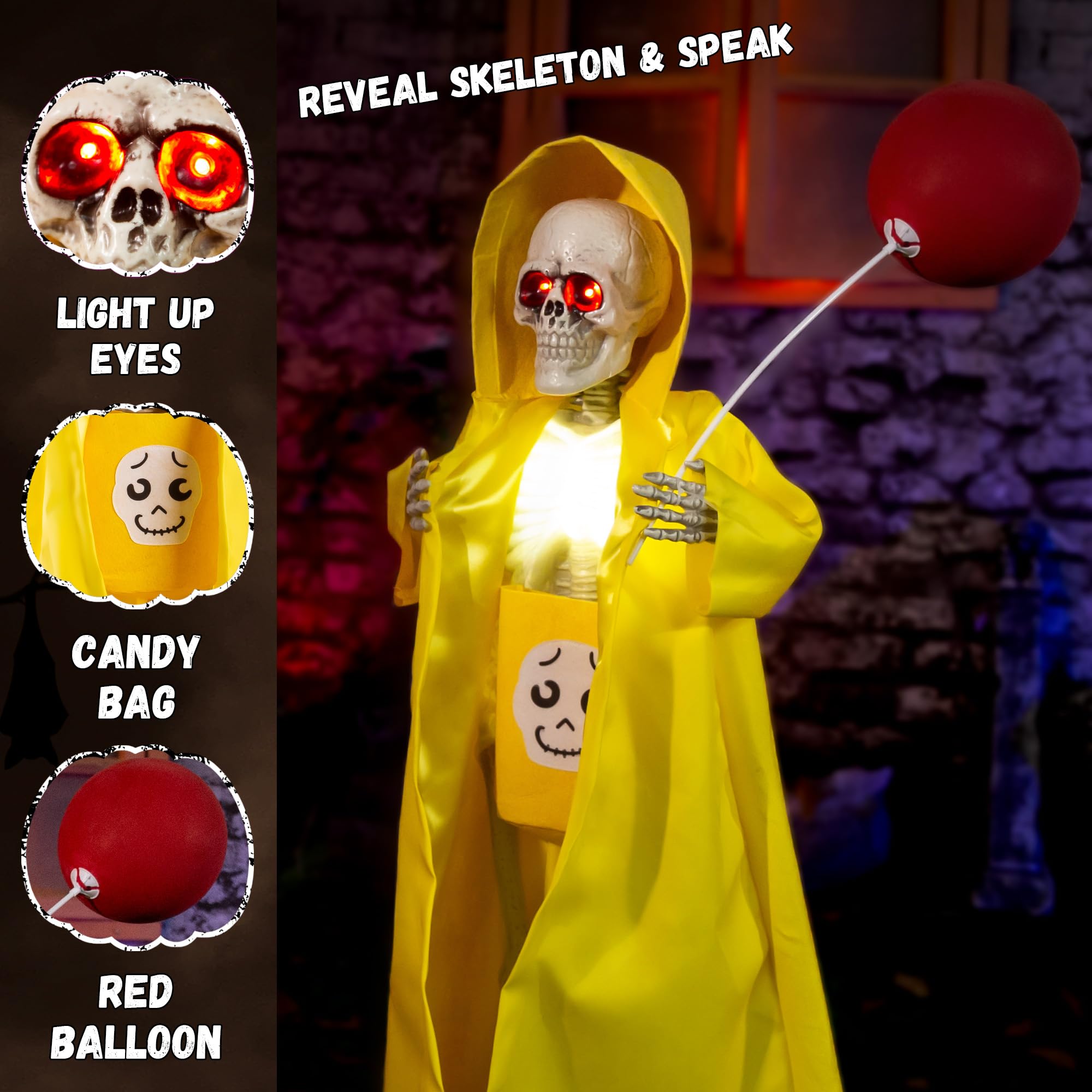 Halloween Animatronics Decorations 3ft Skeleton, 36in Skull Animated with Candy Bag, Balloon, Sound Activated, Light up Eyes, Mo