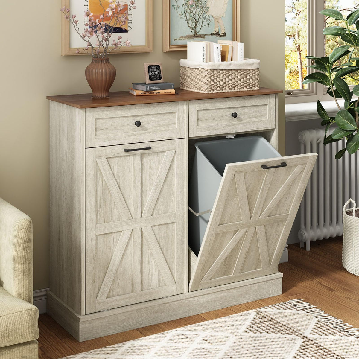 Halitaa Trash Can Cabinet, Double Tilt Out Trash Cabinet With 2 Drawers, Hidden Kitchen Trash Bin Cabinet For 10 Gallon Garbage