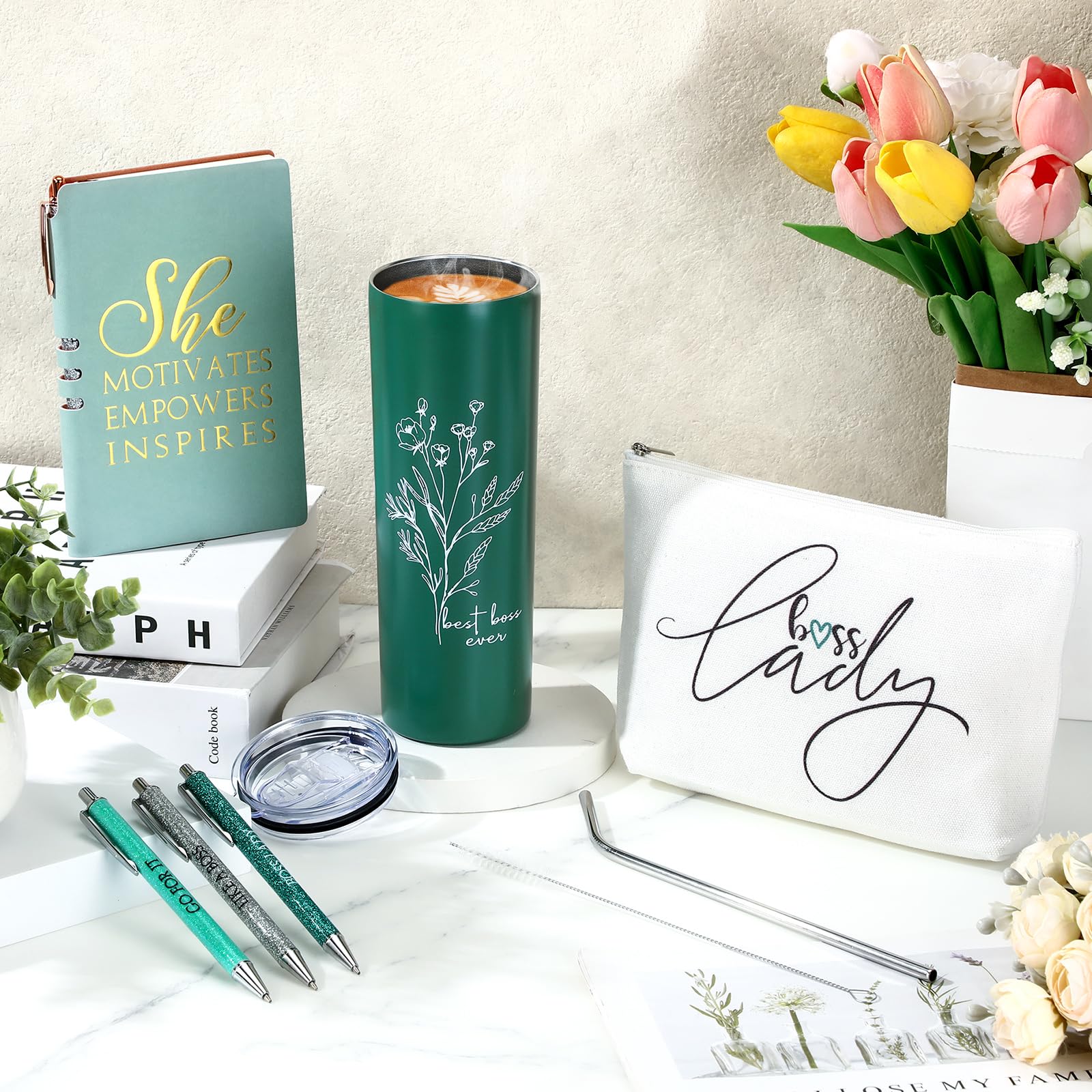 Funnymoom 6 Pcs Boss Day Gift Set Lady Appreciation Thank You for Women 20 oz Aesthetic Boho Flower Tumbler Tote Bag Makeup Bag