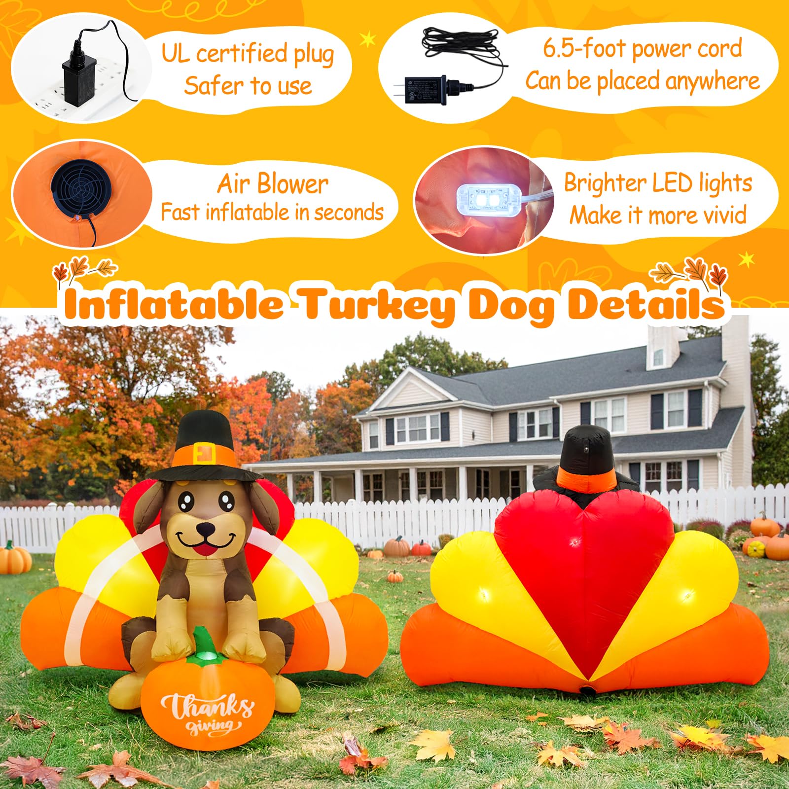 Fayavoo 5FT Happy Thanksgiving Inflatables Outdoor Decorations, Inflatable Turkey Dog with LED Lights, Blow Up Turkey for Fall I
