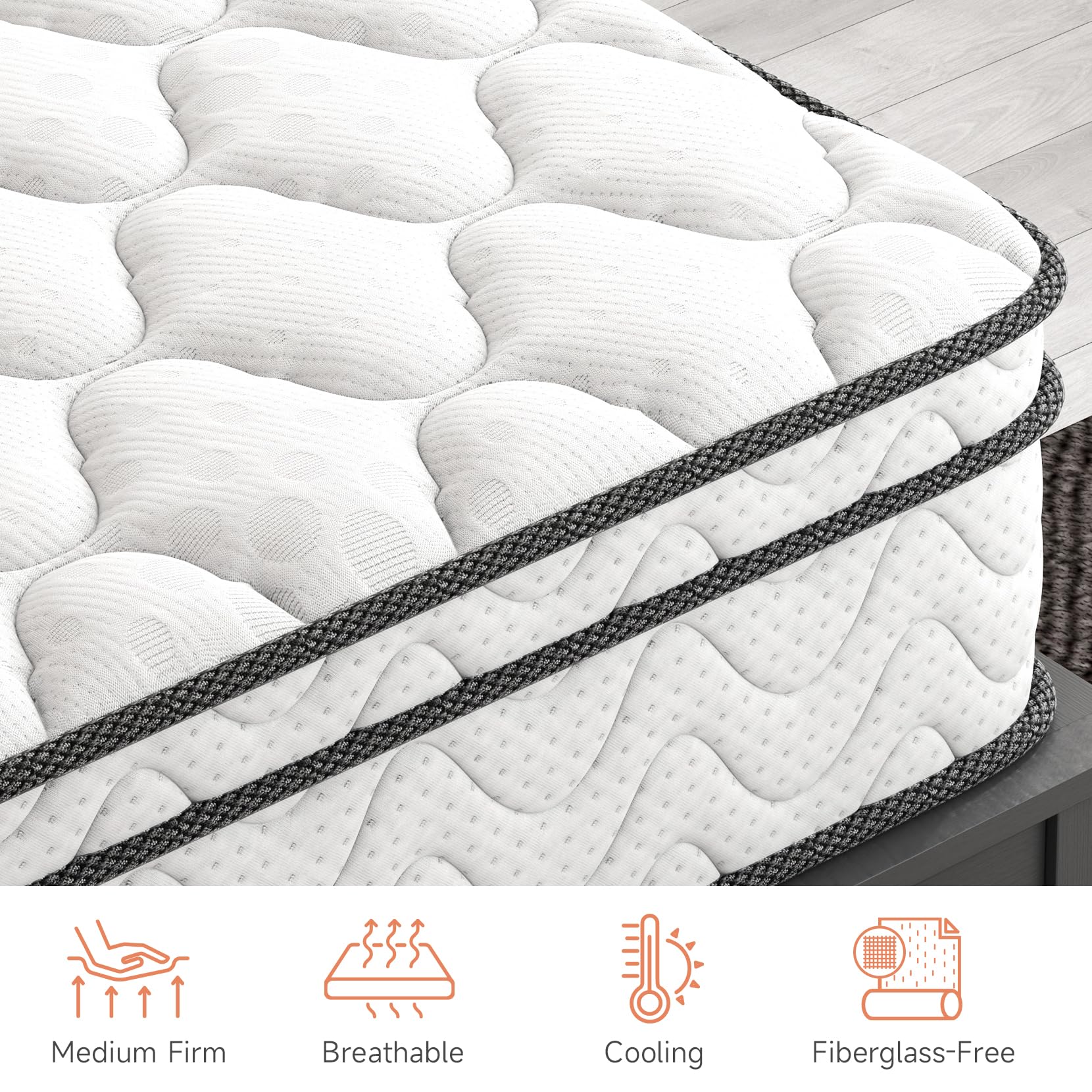 Vesgantti Queen Mattress, 10 Inch Hybrid Mattress With Memory Foam & Pocket Spring, Ergonomic Design For Pressure Relief, Medium