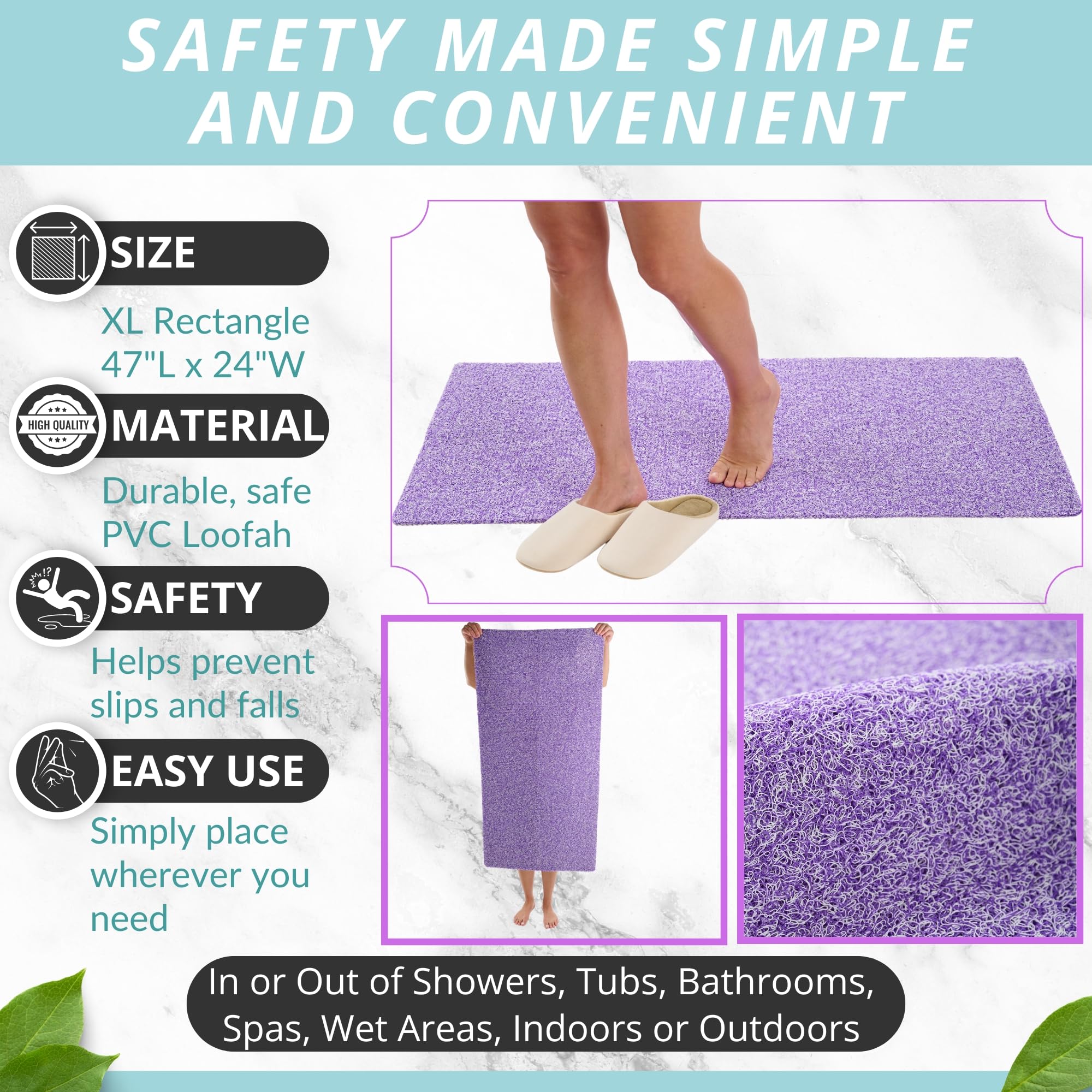 Soft Shower Mat Non Slip - Pvc Loofah Inside Or Outside Showers, Bathtubs, Bathrooms, And Wet Areas - Safe For Textured Tiled An