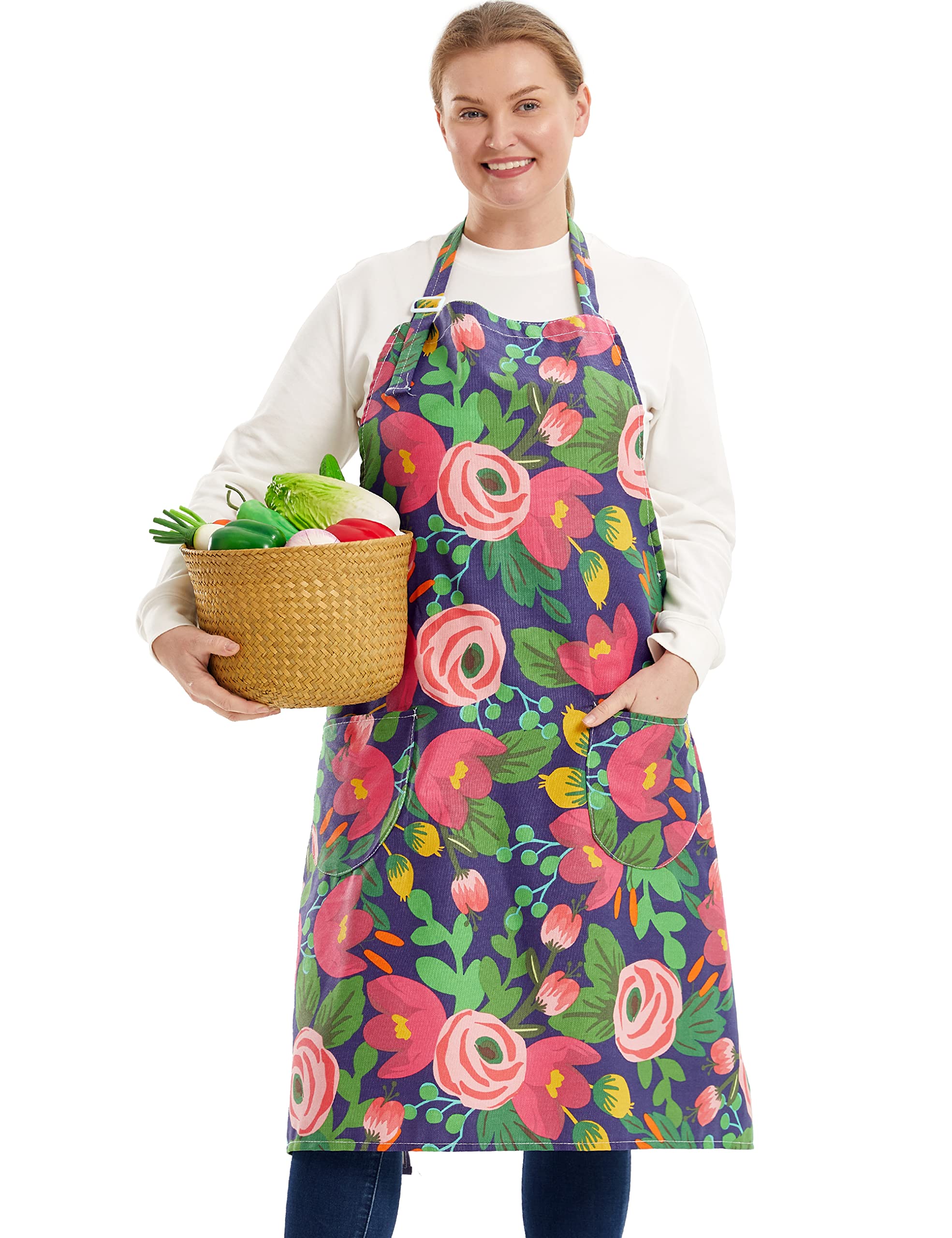 Apronner Cotton Linen Baking Plus Size Aprons For Women With Pockets Kitchen Cooking Red Tulip