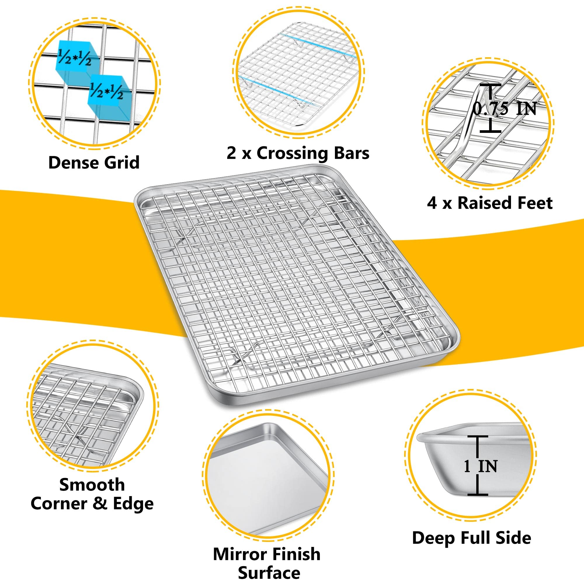 Toaster Oven Pan With Rack Set, Size 12.5 X 9.7 X 1 Inch, P&P Chef Stainless Steel Baking Pan Oven Tray And Grid Rack For Cookin