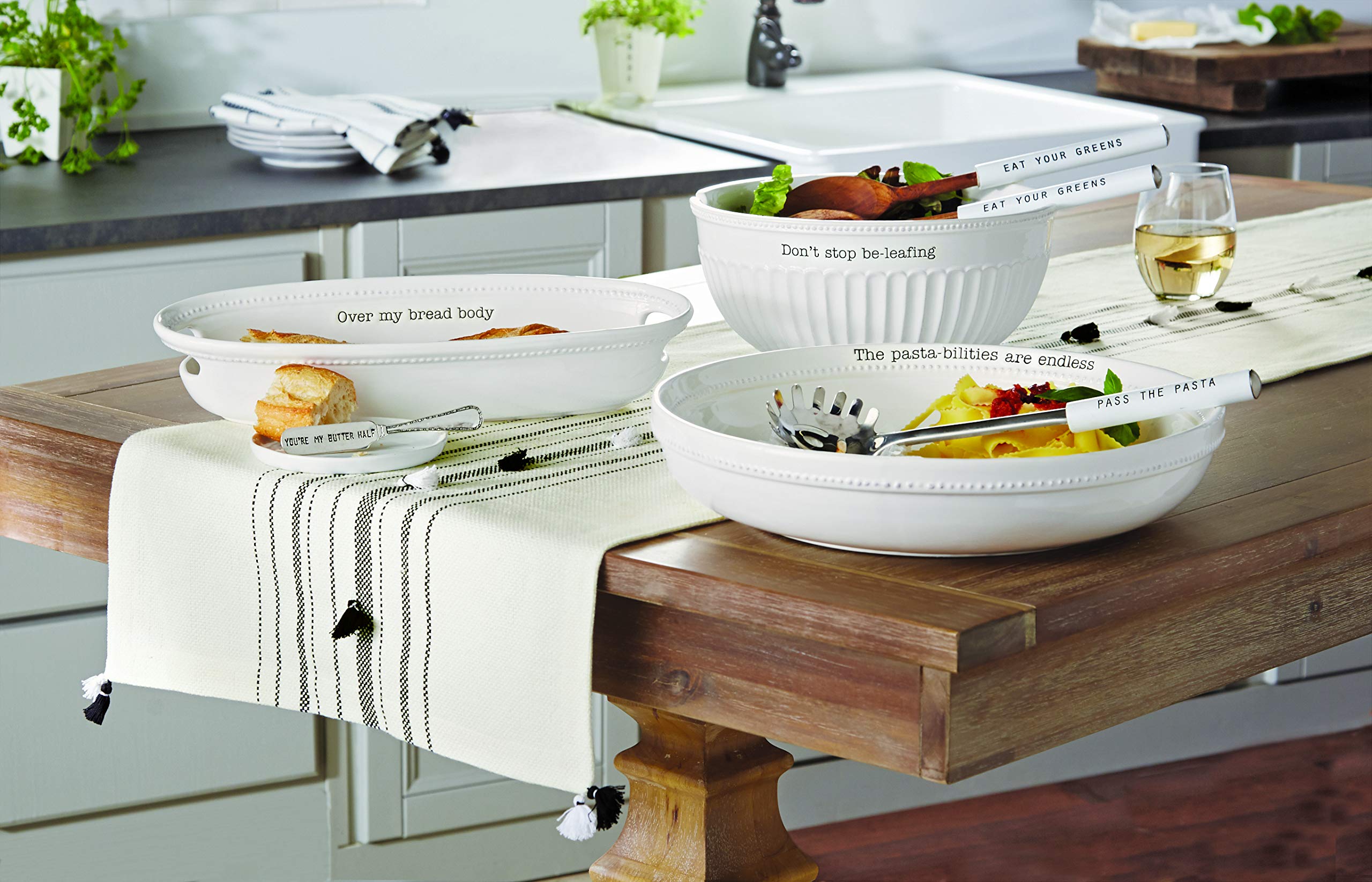 Mud Pie Dolomite, Wood Don'T Stop Be-Leafing Salad Bowl Set, 32 Oz, White, Brown