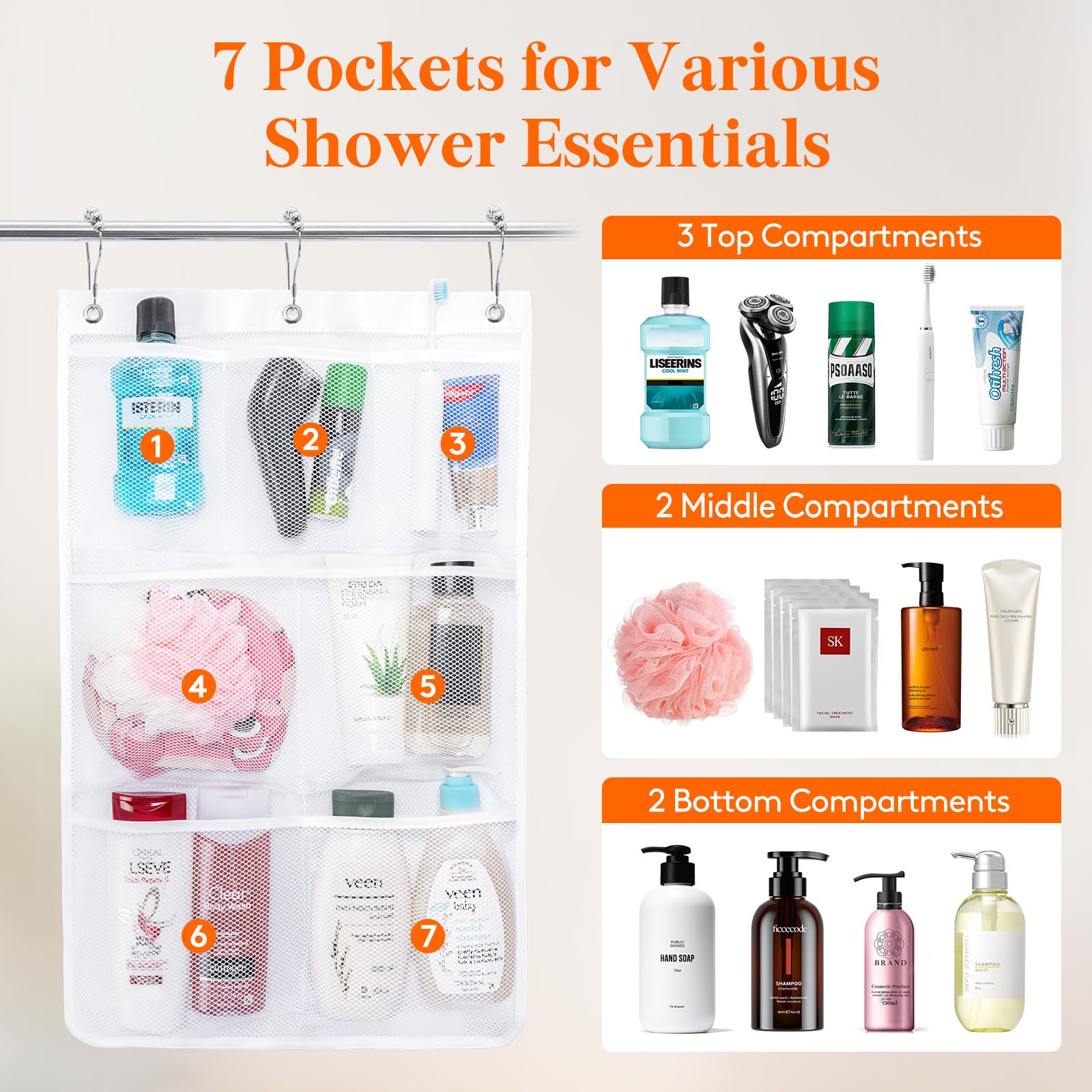 Lifewit Mesh Shower Caddy, 7 Pockets Hanging Shower Organizer With Quick Drying Mesh, Portable Space Saving Bathroom Organizer T
