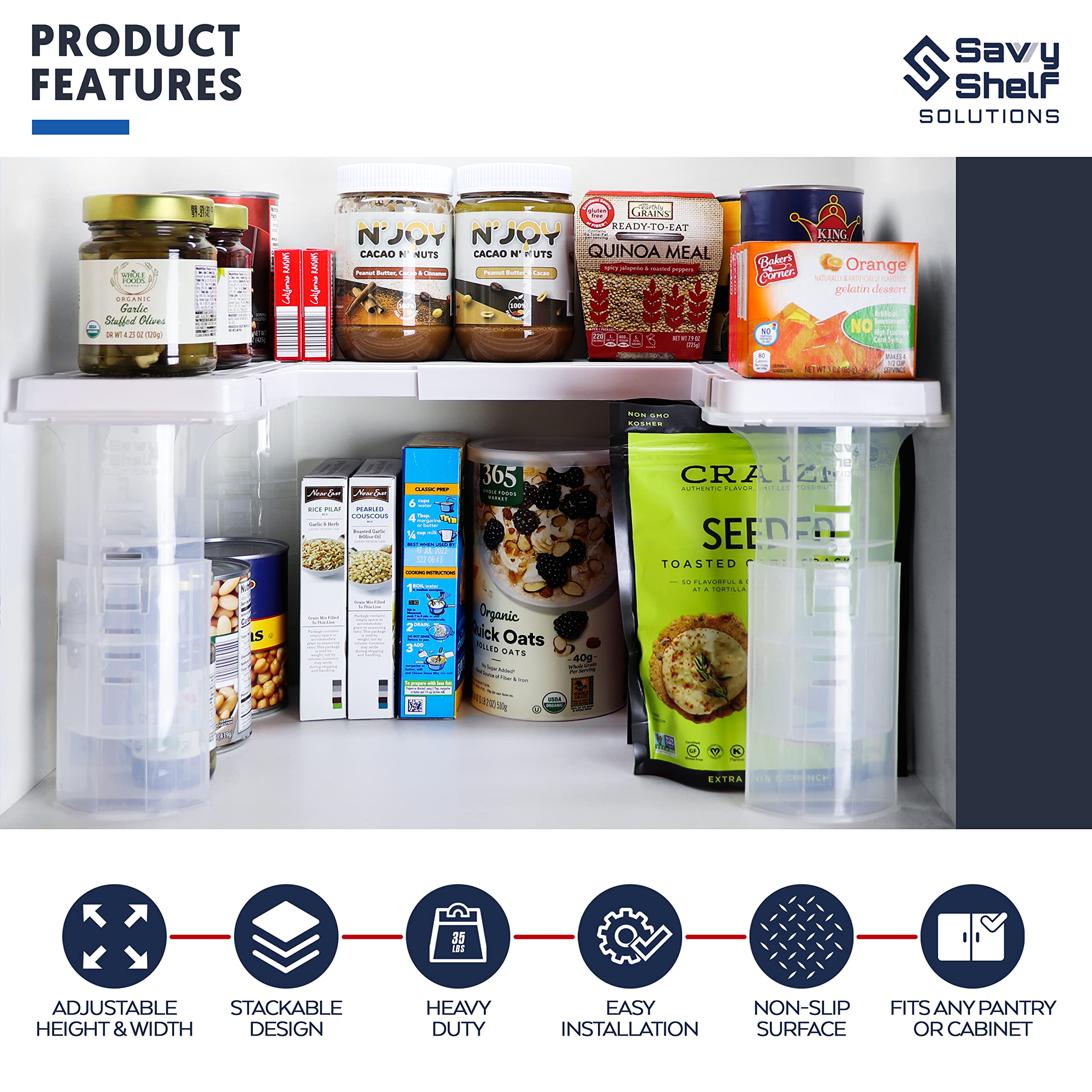 Savvy Shelf Adjustable Pantry Spice Rack & Can Storage Organizer - Storage Kitchen Cabinet Organizer - Pantry Organization, Spic