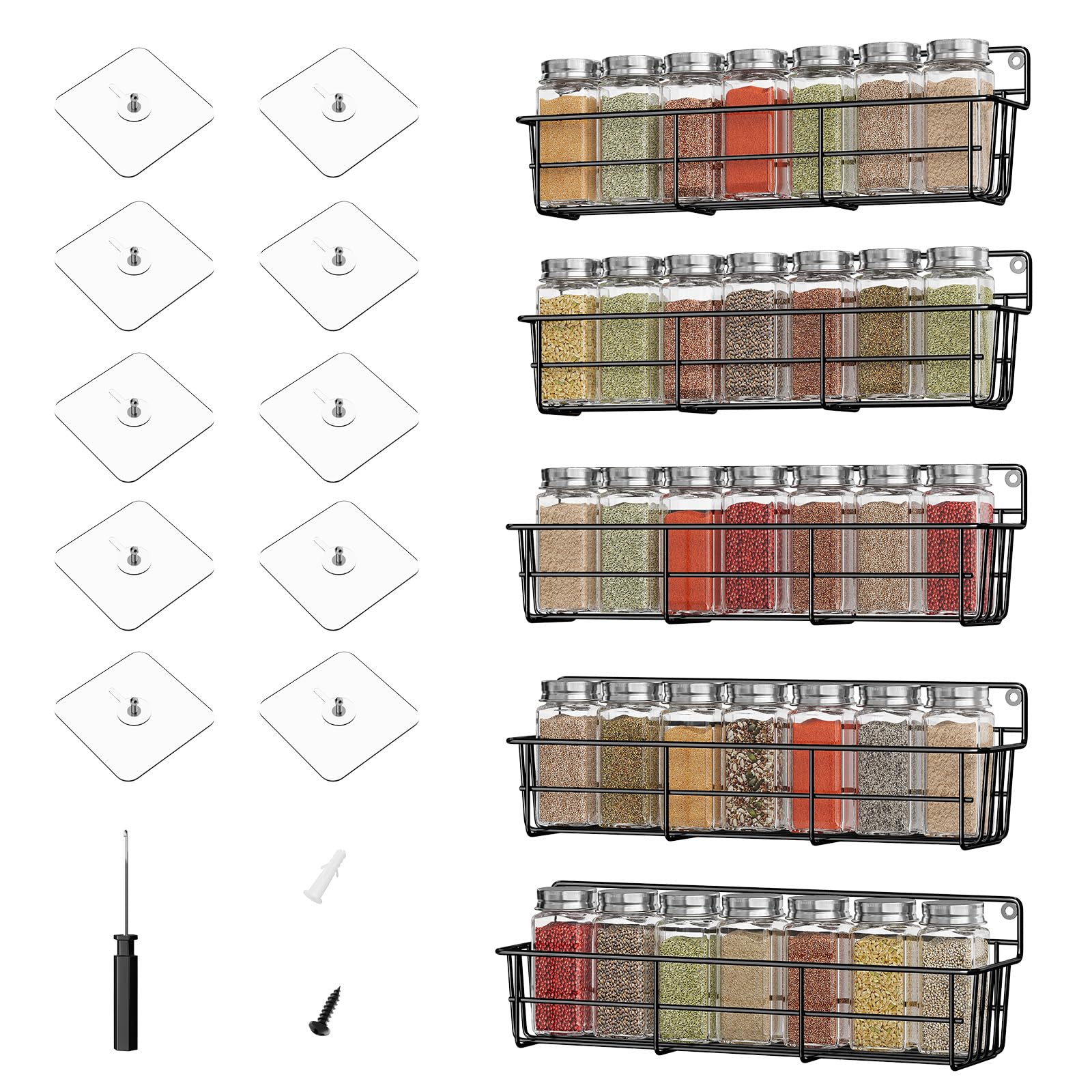 Mystozer 5 Pack Spice Rack Seasoning Organizer Wall Mount, Screw or Adhesive Hanging Shelf Basket Spice Organizer Shelf for Kitc