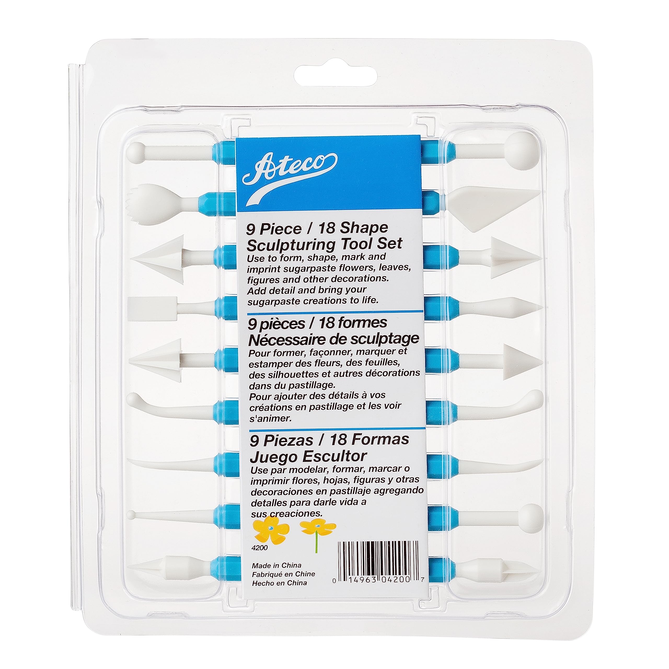 Ateco Sculpting Tool Set For Sugar Paste Decorations, 9 Piece Set With 18 Shapes, Food Grade Plastic With Non-Slip Handles, Blue