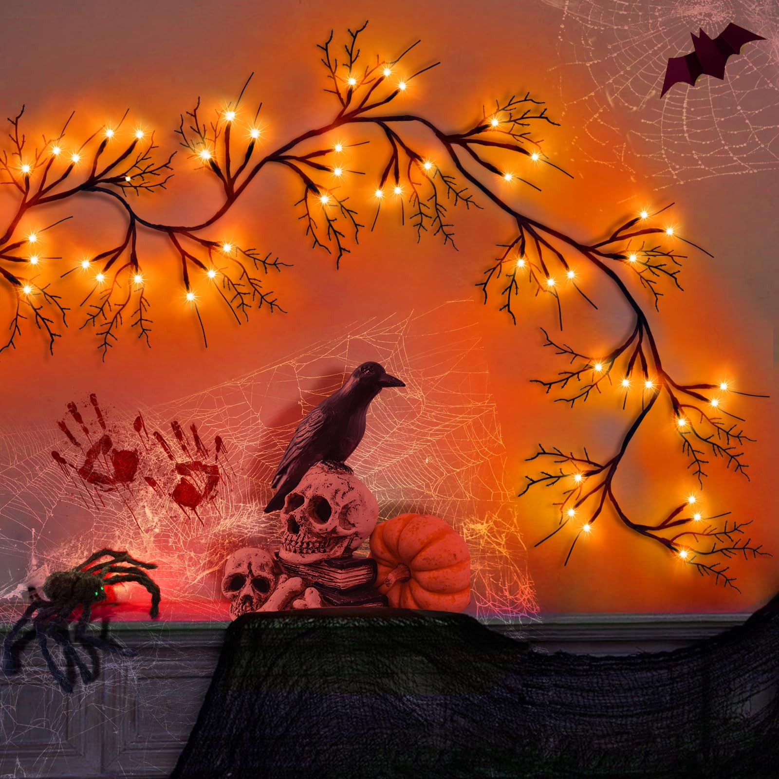SURCVIO 9 Ft 54 LED Halloween Willow Vine Twig Decor Garland with 8 Modes Timer Waterproof Battery Operated Scary Halloween Deco