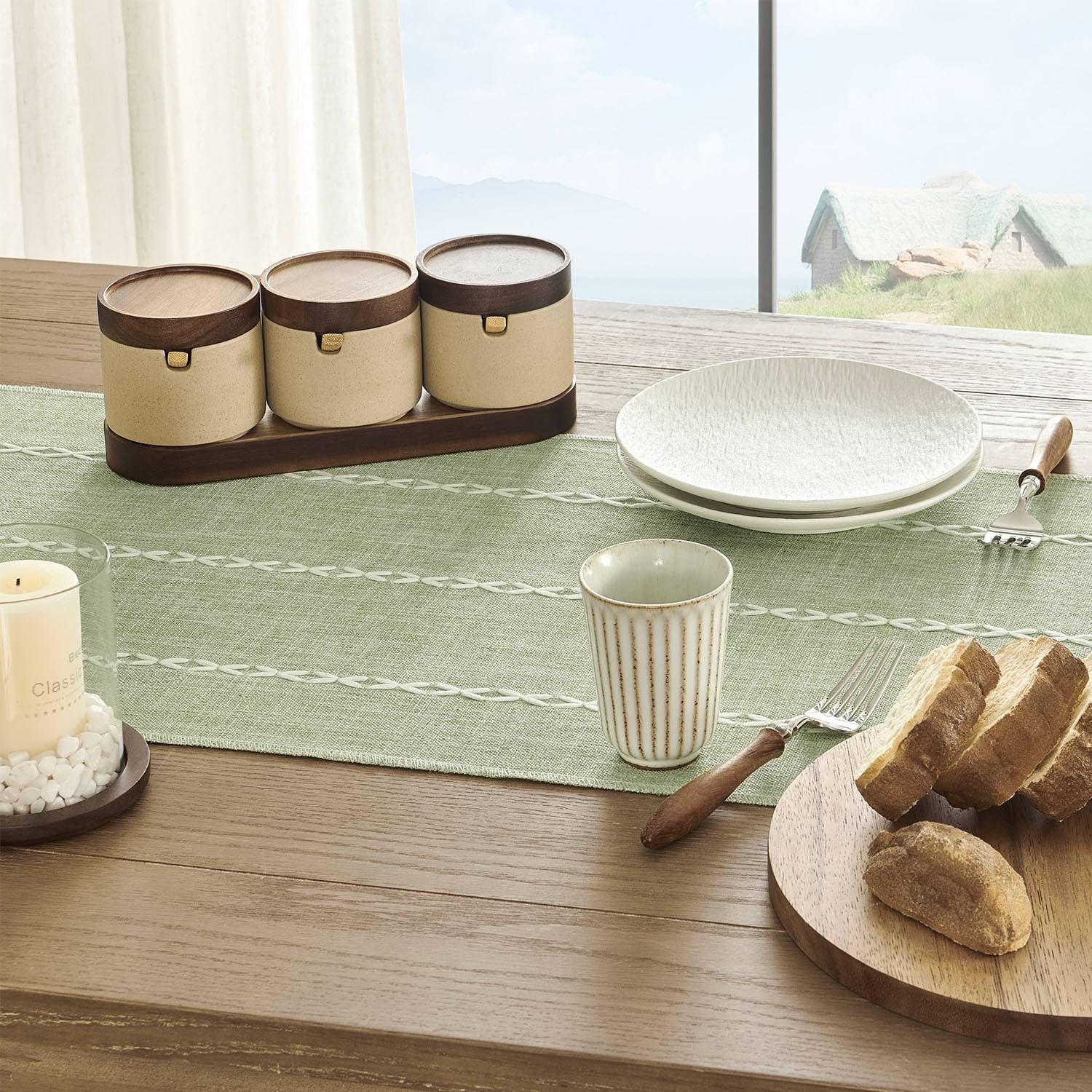 Zeemart Farmhouse Table Runner, Rustic Table Runners 36 Inches Long, Linen Boho Table Runner, Braided Striped Green Table Runner