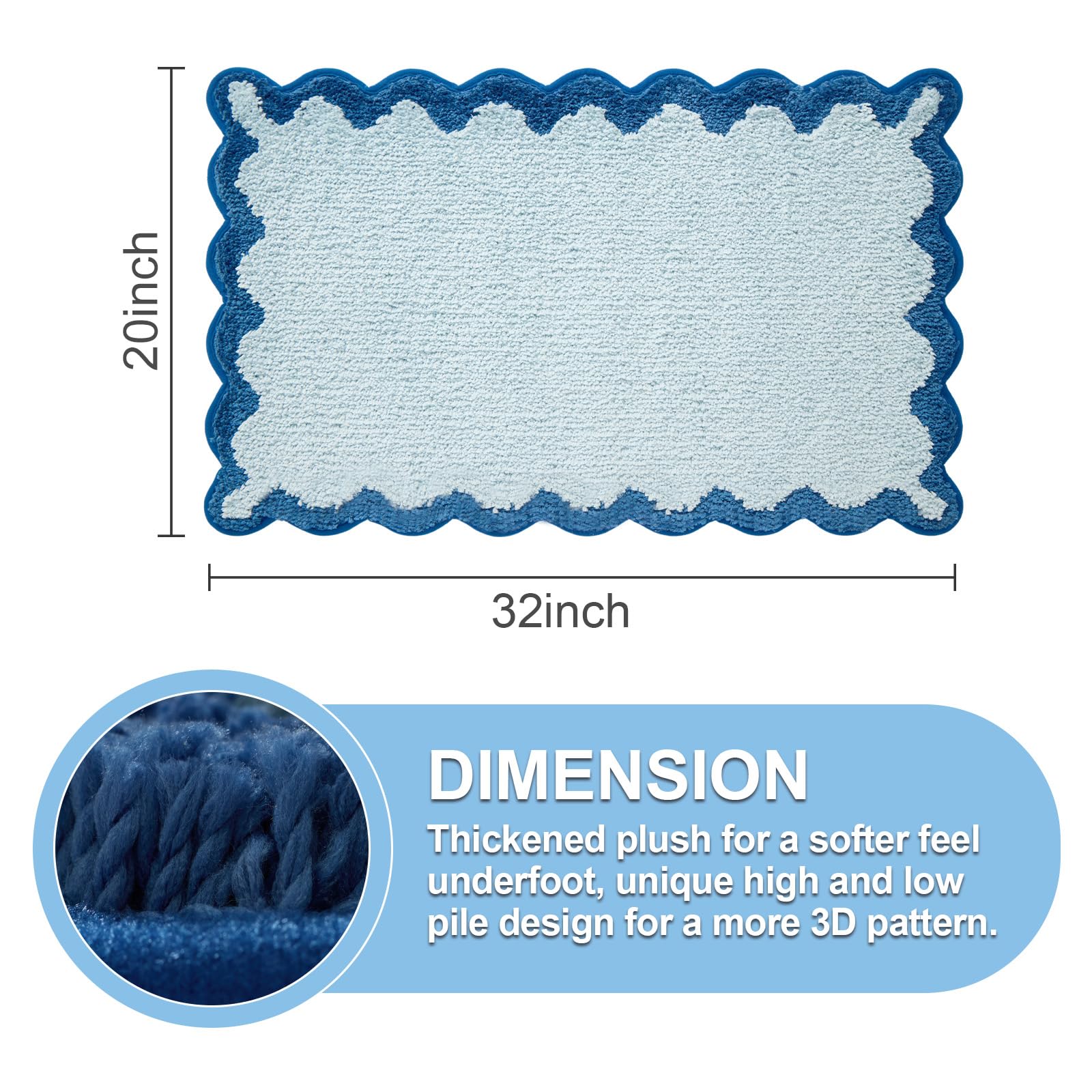 Ortigia Cute Blue Scalloped Bath Mat, Fun Plush Microfiber Scallop Bathroom Rugs Non Slip Washable Quick Dry Absorbent, Bathmat
